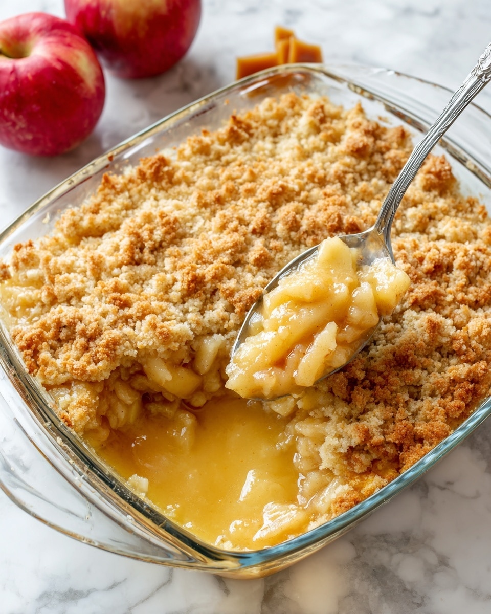 The image shows a clear glass baking dish filled with two layers: the bottom layer is a warm, soft apple filling with a golden syrupy texture, visible through the partially scooped area, and the top layer is a thick, crumbly golden crust with a slightly rough texture. A silver spoon is scooping a portion from the corner, mixing the crust and filling together. The baking dish is placed on a white marbled surface with two red apples and some caramel candies nearby. Photo taken with an iphone --ar 4:5 --v 7