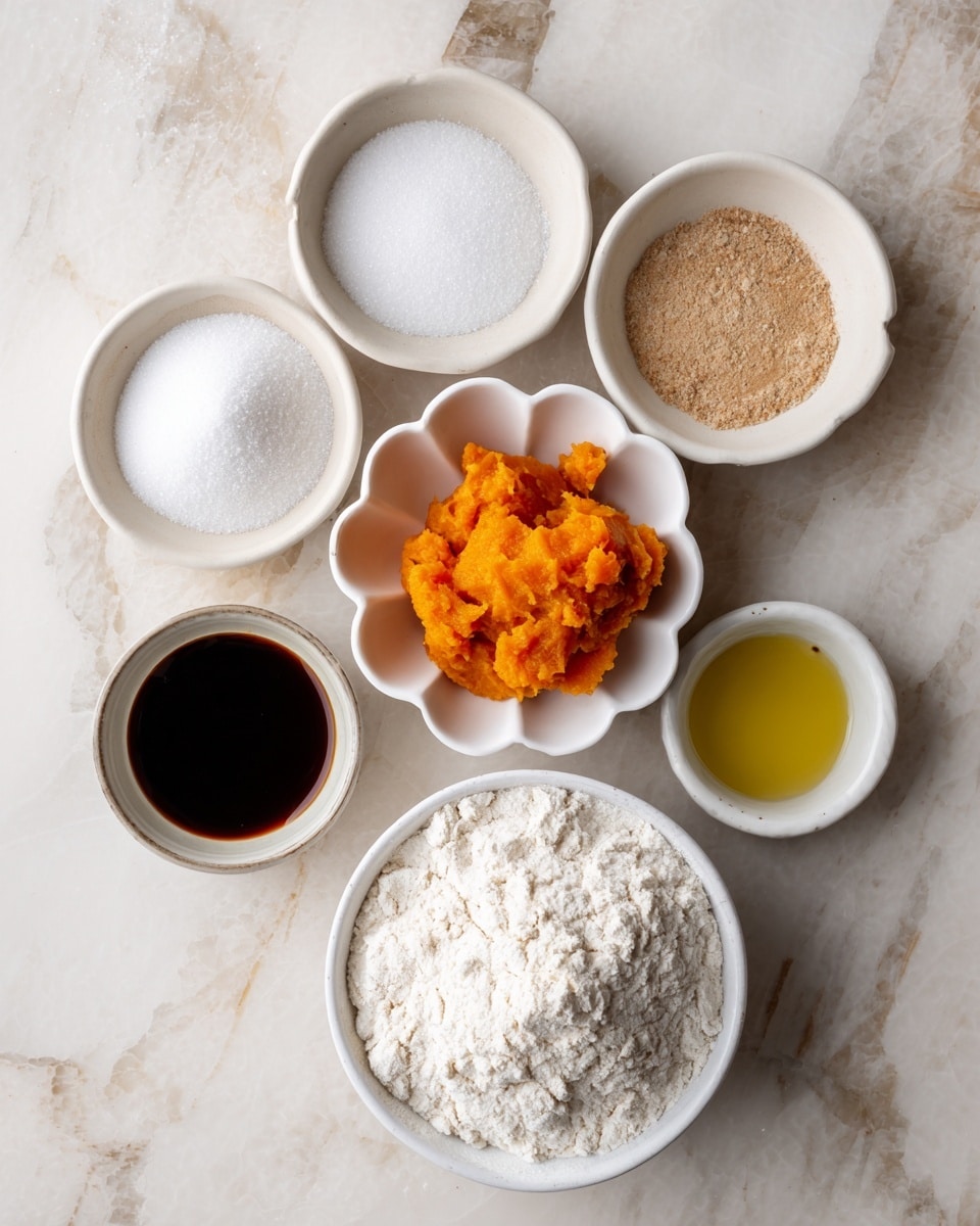 Several small white bowls lay scattered on a white marbled surface, each holding a different baking ingredient. From left to right, the first bowl contains white granulated sugar, the second has a small amount of coarse salt, a third bowl shows a light brown powdered spice, and next to that is a scalloped-edged bowl filled with bright orange pumpkin puree. Adjacent to these, a small bowl contains dark vanilla extract, while another holds a golden yellow liquid, likely melted butter or oil. On the lower right, a larger white bowl is filled with white flour, all contrasting softly against the smooth marbled background. photo taken with an iphone --ar 4:5 --v 7