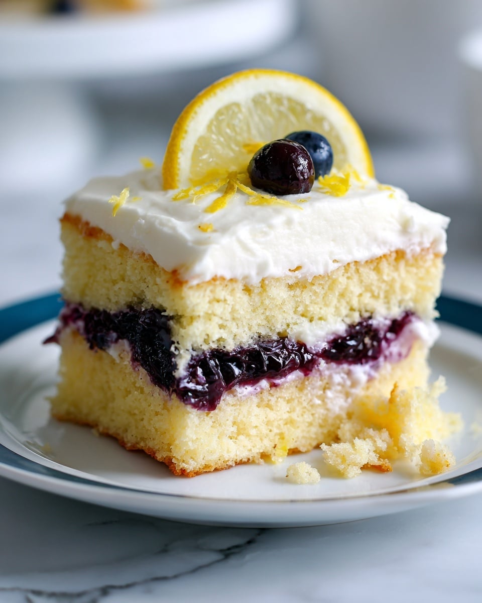 A close-up of a three-layer dessert on a white plate with a thin blue rim placed on a white marbled surface. The bottom layer is a light yellow sponge cake with a soft and airy texture. The middle layer is a dark purple blueberry filling that is slightly spilling out from the cake. The top layer is a creamy white frosting that is thick and smooth. On top of the frosting, there is a thin slice of yellow lemon and a single dark blueberry placed on it. A few crumbs from the sponge cake are scattered around the plate. photo taken with an iphone --ar 4:5 --v 7
