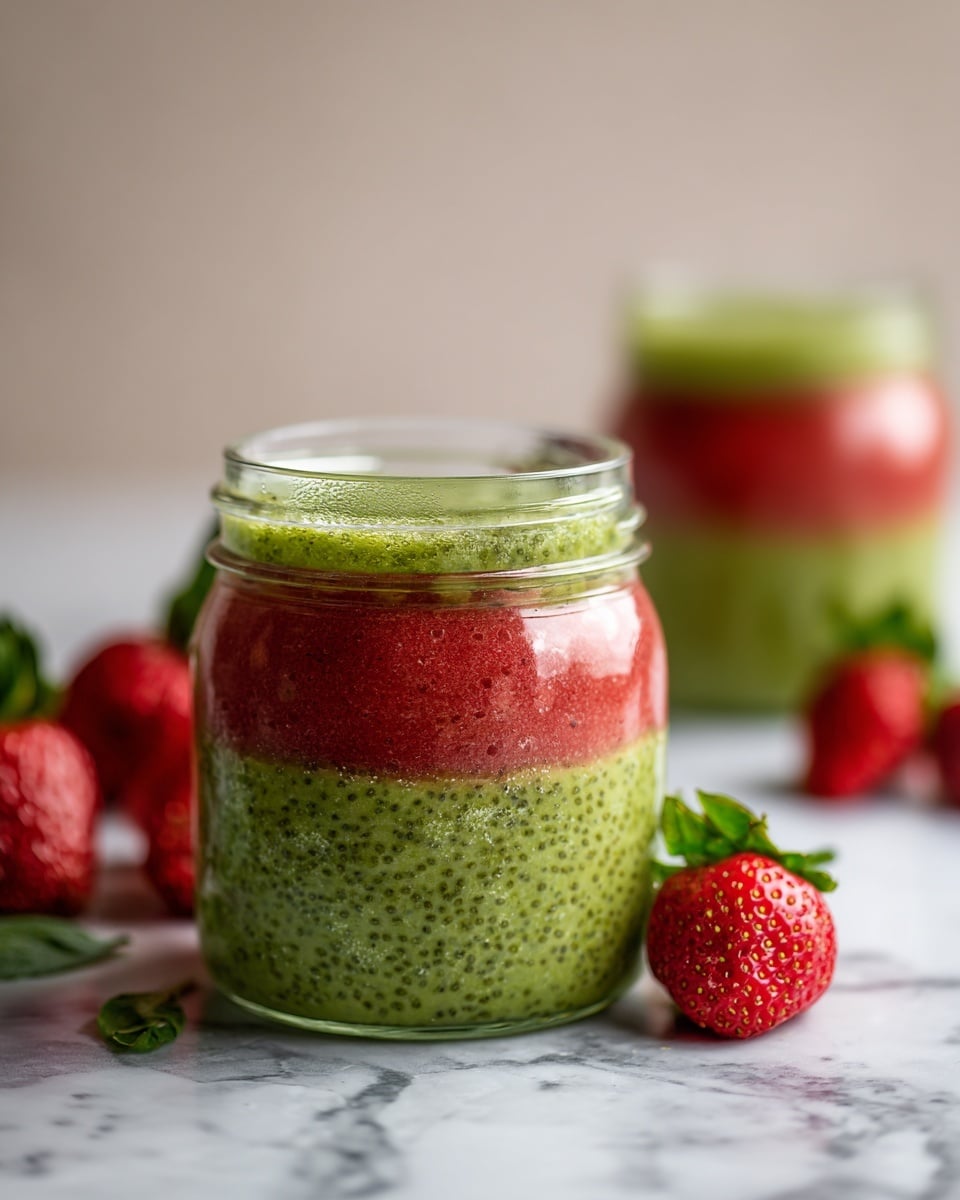 A glass jar filled almost halfway with a thick, green mixture that has a bumpy, seed-like texture, sitting on a white marbled surface. In the background, there is another similar jar layered with the same green mixture on the lower half and a bright red layer on top, slightly blurred. Fresh red strawberries with green leaves are placed around the jars, adding a pop of color. The photo has soft natural light and a clean, simple look. photo taken with an iphone --ar 4:5 --v 7