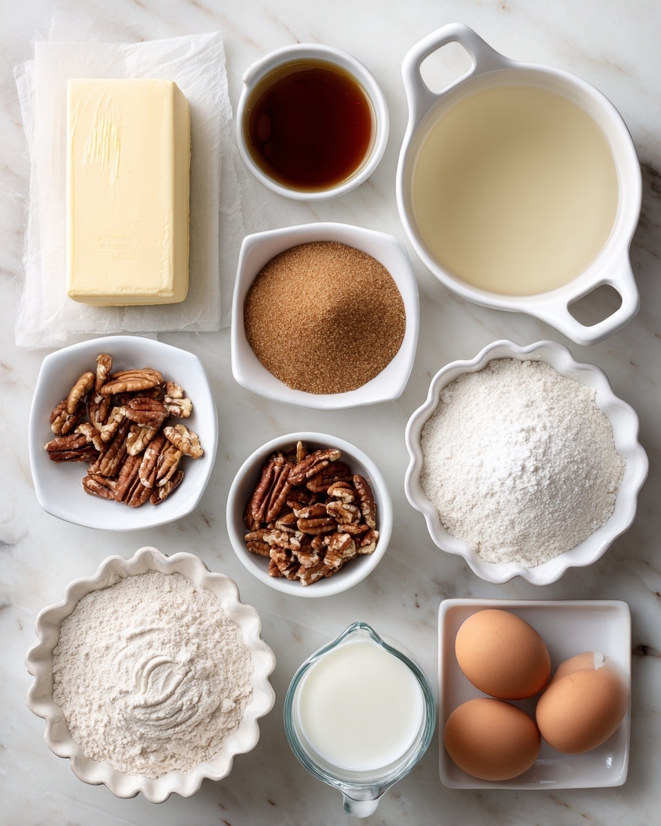 A top view of various baking ingredients arranged neatly on a white marbled surface, each labeled with black text on white rectangular backgrounds. Starting from the top left, there is a solid light yellow block of butter on a small piece of white paper. To the right, a white bowl with two handles is filled with a clear, light syrup labeled corn syrup. Below the butter is a small white bowl with medium brown cinnamon powder. Below the cinnamon, a white bowl is overflowing with light brown soft brown sugar. To the right of the cinnamon and sugar are two more white bowls: one with white granulated sugar with a swirled texture on the surface, and one with chopped pecans showing their light and dark brown coarseness. In the center bottom left is a white scalloped bowl filled with rich dark brown vanilla extract. Next to it on the right is a white glass filled with white milk. At the bottom left is a larger white bowl with fine white flour. Near the bottom center, a smaller white scalloped bowl contains light tan instant yeast granules. To the bottom right are two brown eggs resting directly on the white marbled surface and above them a white bowl containing three white powdery substances labeled baking soda, baking powder, and salt. The scene is bright and clean, photo taken with an iphone --ar 4:5 --v 7