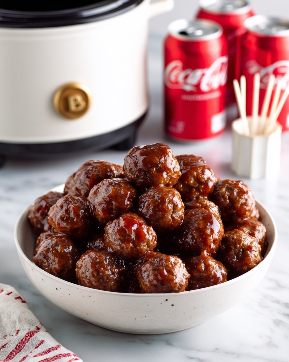 A large white bowl is filled with many round meatballs covered in shiny brown sauce, stacked high and close together. Behind the bowl, there is a white slow cooker with a black rim and a gold letter B on it. To the right, three red Coca-Cola cans are placed in a triangle formation, with one slightly in front and two behind. A small white container with toothpicks is also visible near the cans. The entire setting is on a white marbled surface with a soft, clean background. photo taken with an iphone --ar 4:5 --v 7