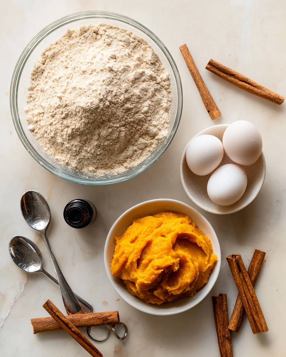 A white marbled surface holds several baking ingredients arranged loosely. On the top left, there is a clear glass bowl filled with light beige flour, showing a powdery texture with some small clumps. To the right of the bowl, there is a small white bowl containing two whole white eggs with smooth shells. Below the eggs, a metal measuring spoon is filled with bright orange pumpkin puree, its smooth and thick texture mounded slightly above the edges. Scattered around are several cinnamon sticks, brown and rough-textured. Near the bottom left, a metal measuring spoon lies flat, next to a small dark bottle with a black cap, likely vanilla extract. The scene is bright, with a soft natural light illuminating the ingredients. photo taken with an iphone --ar 4:5 --v 7
