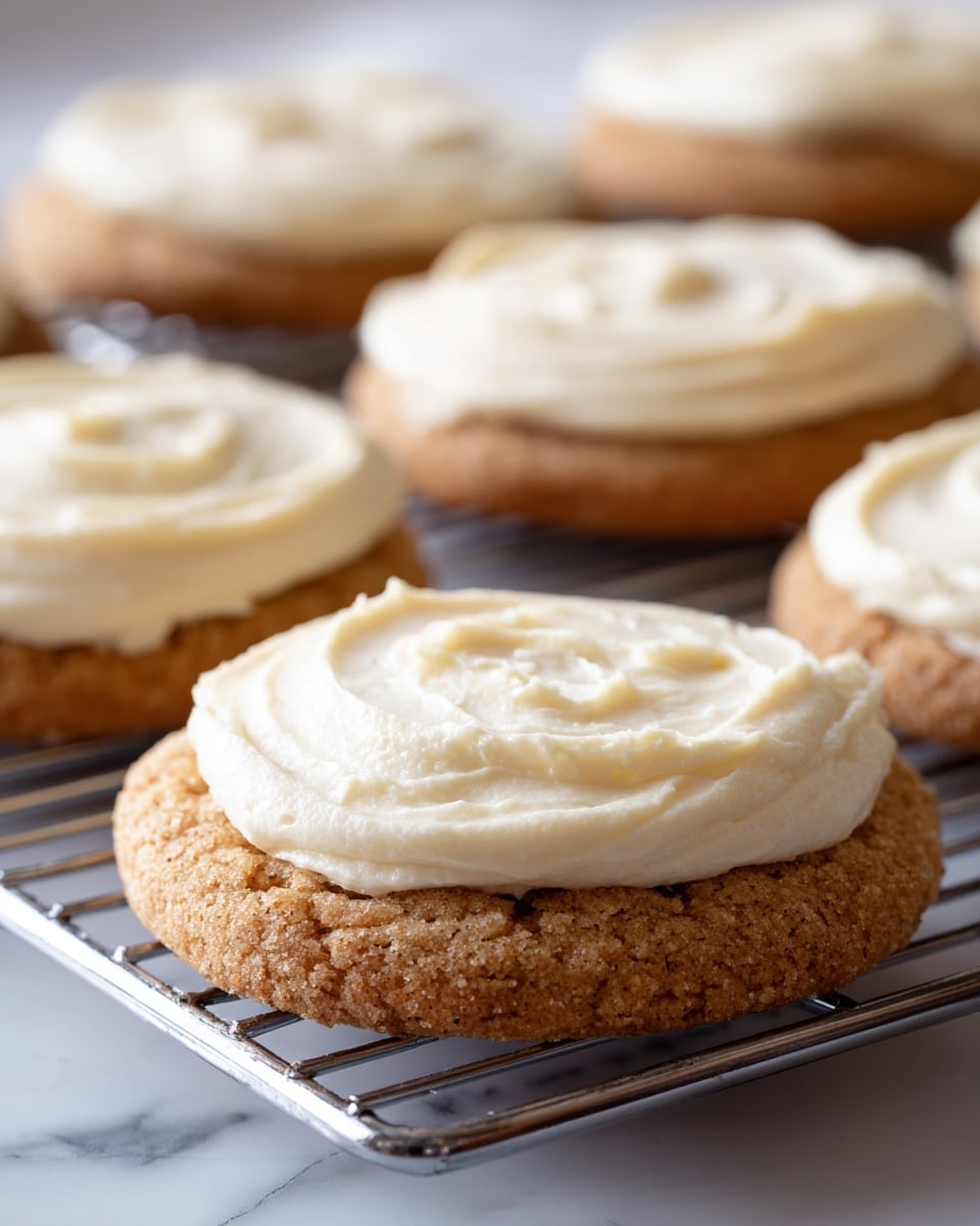 The image shows several round cookies with a rough, crinkled light brown base layer topped with a thick, smooth, swirled off-white frosting layer. The cookies are arranged on a silver wire cooling rack with fine horizontal lines, set on a white marbled surface. The light brown base layer looks textured and crumbly, while the frosting on top is creamy and slightly peaked in the center. The cookies are uneven in shape, highlighting their homemade style, and the background is softly blurred, keeping the focus on the cookies. photo taken with an iphone --ar 4:5 --v 7