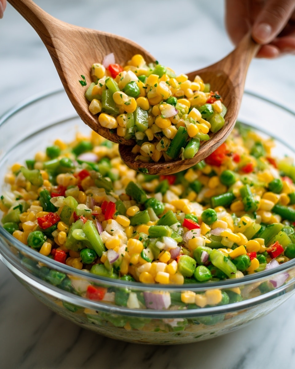 A close-up of a clear glass bowl filled with a colorful vegetable salad containing bright yellow corn, green peas, light green celery slices, chopped green beans, small red pepper pieces, and bits of white onion. Two wooden spoons lift a mixed portion of the salad above the bowl, showing the mix's fresh, soft texture and vibrant colors. A woman's hand holds one of the wooden spoons. The bowl sits on a white marbled surface, with a soft, blurred background. photo taken with an iphone --ar 4:5 --v 7