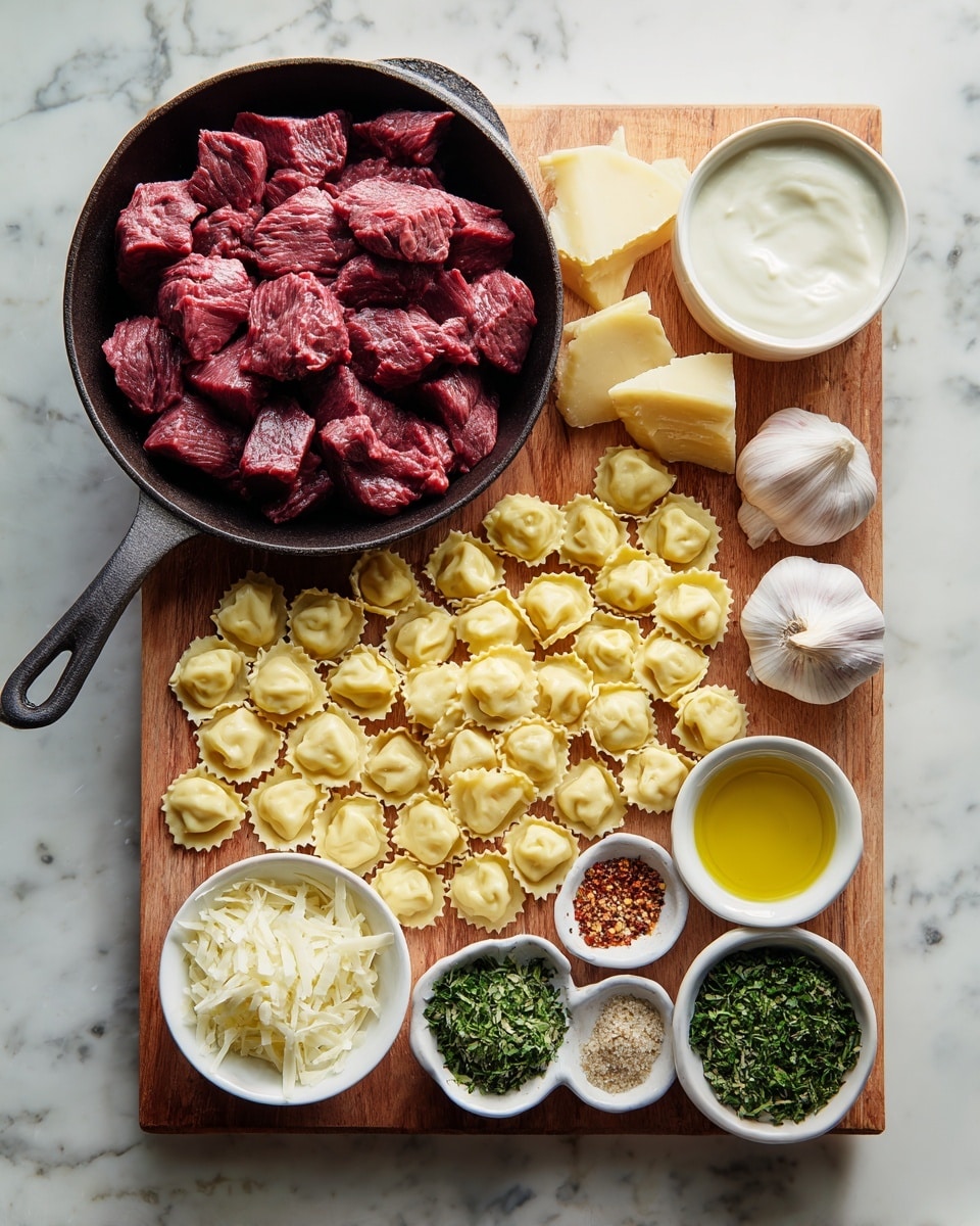 A large wooden board holds raw ingredients for cooking. In the top left, a black cast iron pan is filled with dark red chunks of raw beef. Centered on the board are many small, pale yellow ravioli pieces, layered loosely in a grid. On the right side, there are three garlic bulbs, a small wedge of pale yellow cheese, and a white bowl filled with a white creamy liquid. Below, there are multiple small white bowls: one with thin white cheese shavings, one with bright green chopped herbs, one with yellow olive oil, one with finely grated white cheese, one with a mix of salt and reddish spices, and one with more green herbs. The entire setting is on a white marbled surface photo taken with an iphone --ar 4:5 --v 7