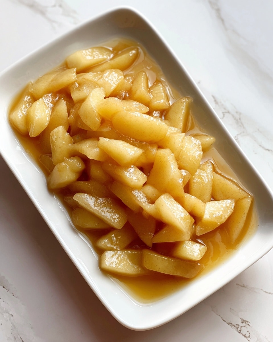 A white rectangular dish filled with a single layer of soft, sliced apple pieces covered in a thick, light golden syrup. The apples are tender and slightly translucent, sitting in the syrup that glistens under the light. The dish is placed on a white marbled surface. photo taken with an iphone --ar 4:5 --v 7