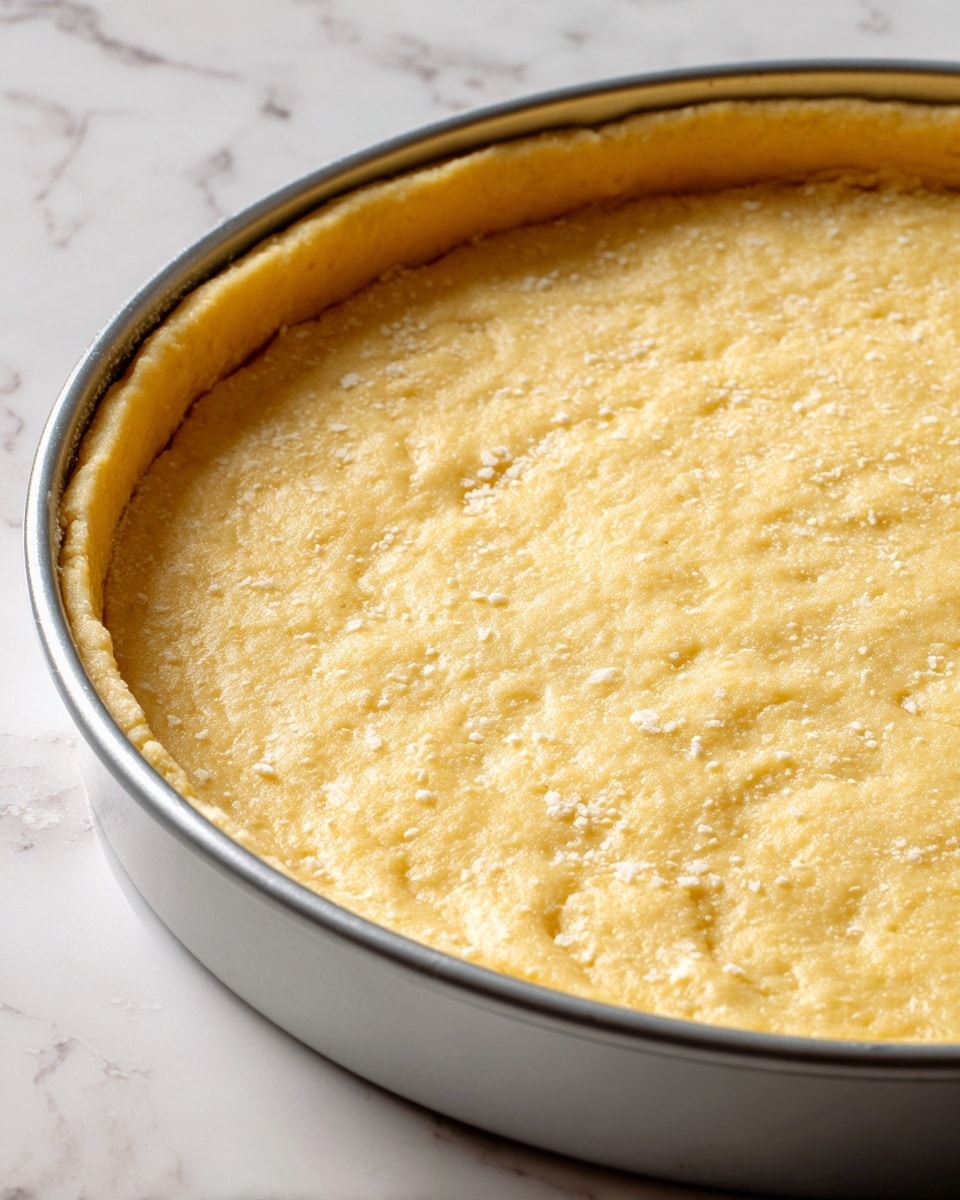 The image shows a close-up of a baking pan filled with an even, light yellow dough layer pressed flat to cover the bottom and edges of the pan. The dough surface has a slightly rough and grainy texture, with visible granules sprinkled all over, giving it a sandy look. The pan is silver-colored and sits on a white marbled surface. The edges of the dough are pressed into the sides of the pan, creating a slight raised border. Photo taken with an iphone --ar 4:5 --v 7