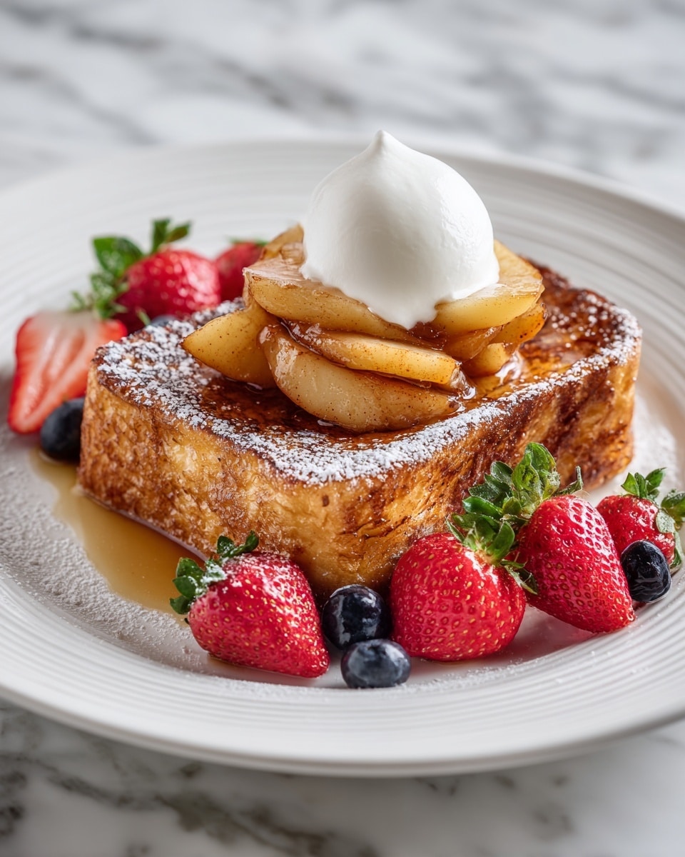 The dish shows one thick slice of crispy golden-brown French toast with powdered sugar sprinkled on top. On top of the toast is a small heap of glossy caramelized apple slices covered by a smooth dollop of white whipped cream. Around the toast, there are fresh red strawberries and dark blueberries adding bright color and freshness. The plate is white and the background has a white marbled texture. Photo taken with an iphone --ar 4:5 --v 7