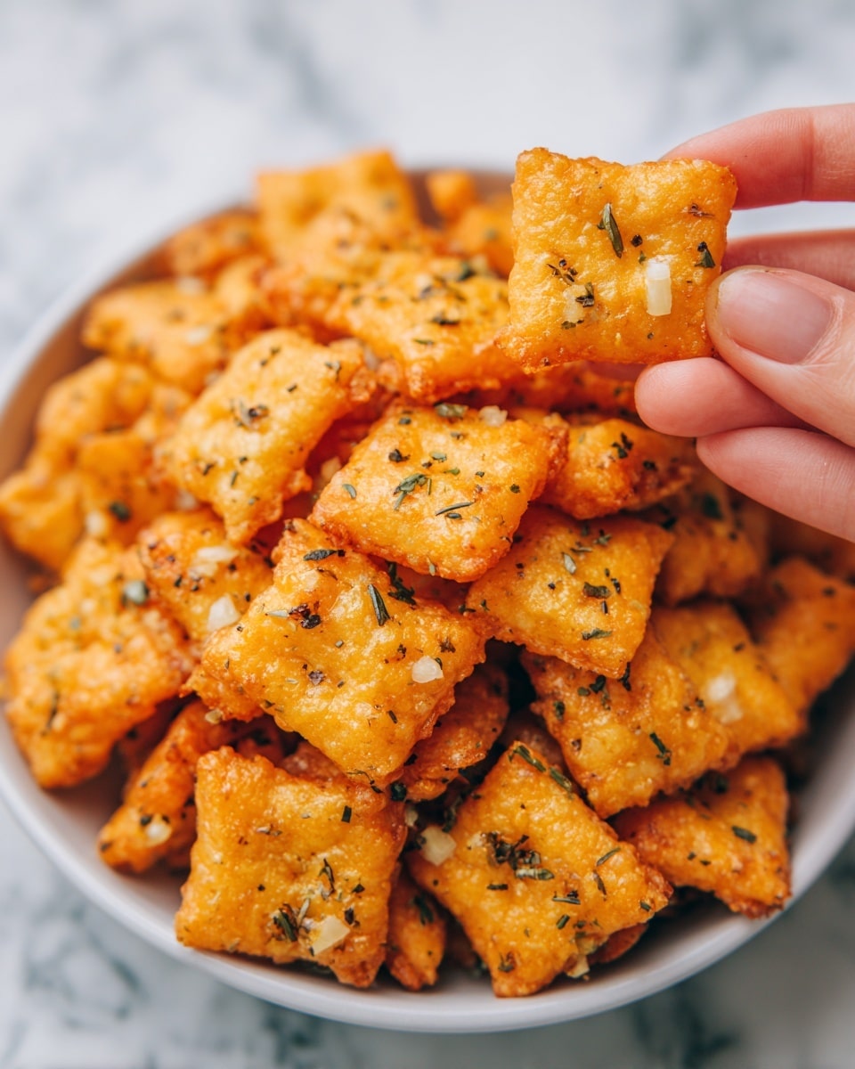 A close-up shows a woman's hand holding a small, golden-brown, square-shaped fried snack with a slightly crunchy texture. Each snack piece is topped with tiny bits of white garlic and specks of black and green herbs spread unevenly on the surface. Below, many similar snacks lie piled in a white bowl, all showing the same crispy and textured look. The background surface is a white marbled texture. photo taken with an iphone --ar 4:5 --v 7