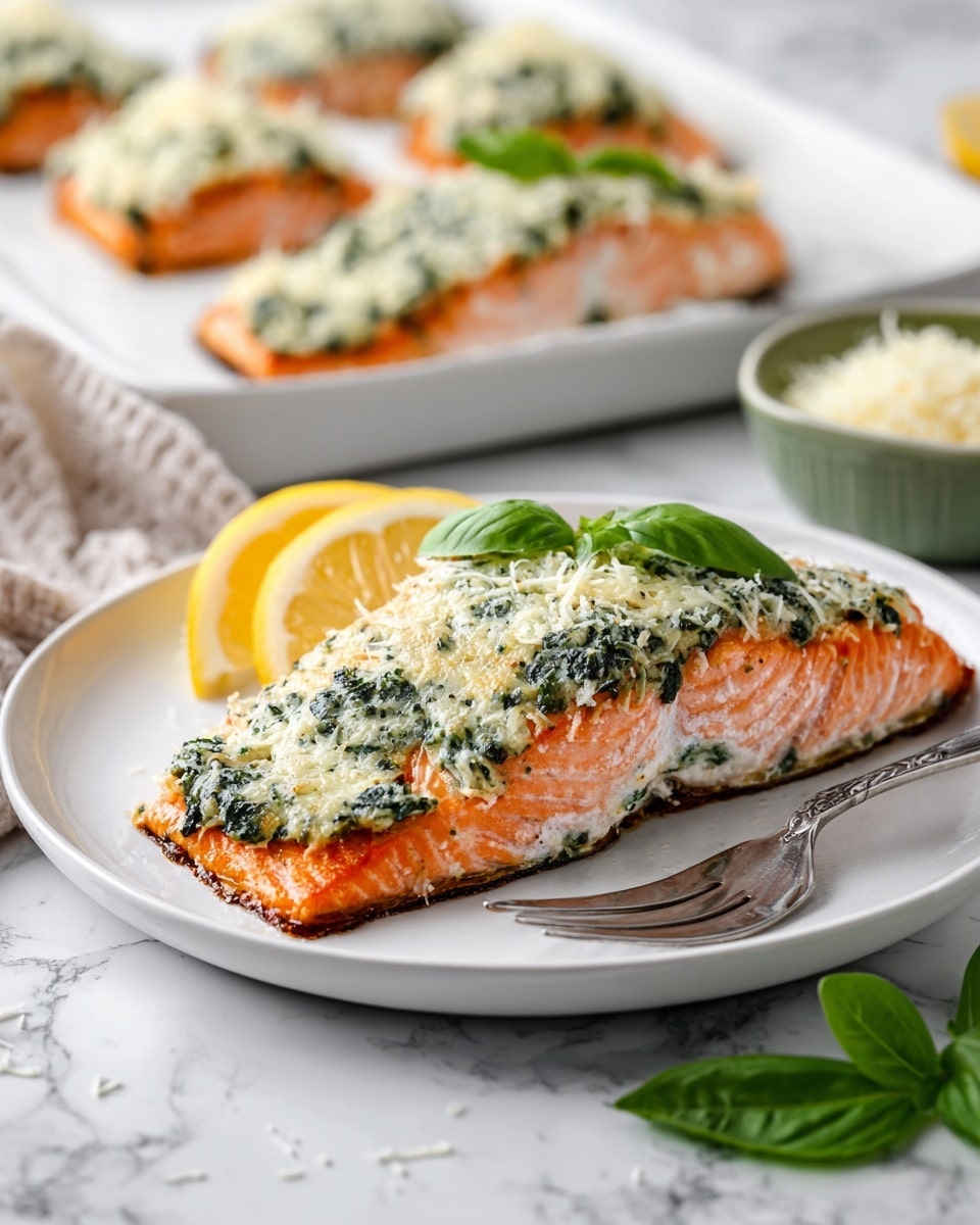 A white plate with a piece of salmon on it, about one layer thick, the bottom layer a bright orange cooked salmon fillet, topped with a thick green herb and cheese mixture covering the entire top surface, lightly browned cheese sprinkled on top. Two lemon wedges rest at the top right of the salmon piece. A silver fork lies on the left side of the plate. Behind it, a white tray with three more salmon pieces topped with the same green and cheese mix and lemon wedges sits on a white marbled surface. There is a small green bowl of grated cheese and a sprig of fresh green basil near the tray. Photo taken with an iphone --ar 4:5 --v 7