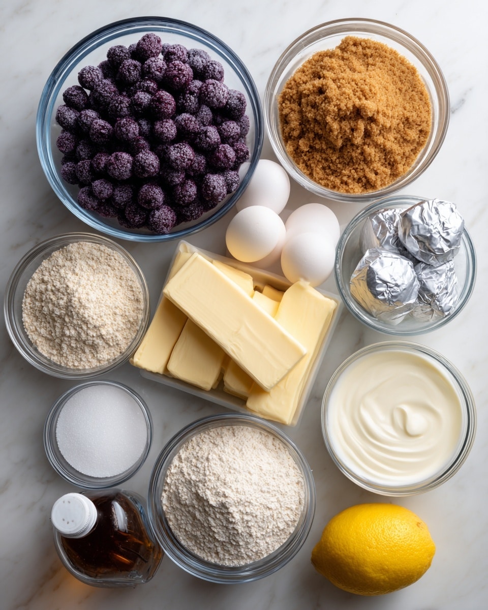 A collection of clear glass bowls and containers is arranged on a white marbled texture, each holding different baking ingredients. The largest bowl at the top center is filled with deep purple frozen blueberries, showing a frosty texture. To the right is a bowl of light brown crumbly brown sugar, and below it, a bowl of smooth white yogurt. Next to the yogurt is a bowl holding a large square of pale yellow butter that has a soft texture. Three white eggs sit in the center, near a group of four blocks of cream cheese wrapped partly in silver foil, showing a soft and creamy surface. On the left are bowls filled with white flour, oats, and a small bowl containing light brown cinnamon and white salt. A bowl of white granulated sugar sits beside a bright yellow half lemon. At the lower left corner, a small dark brown bottle of vanilla extract is present. photo taken with an iphone --ar 4:5 --v 7