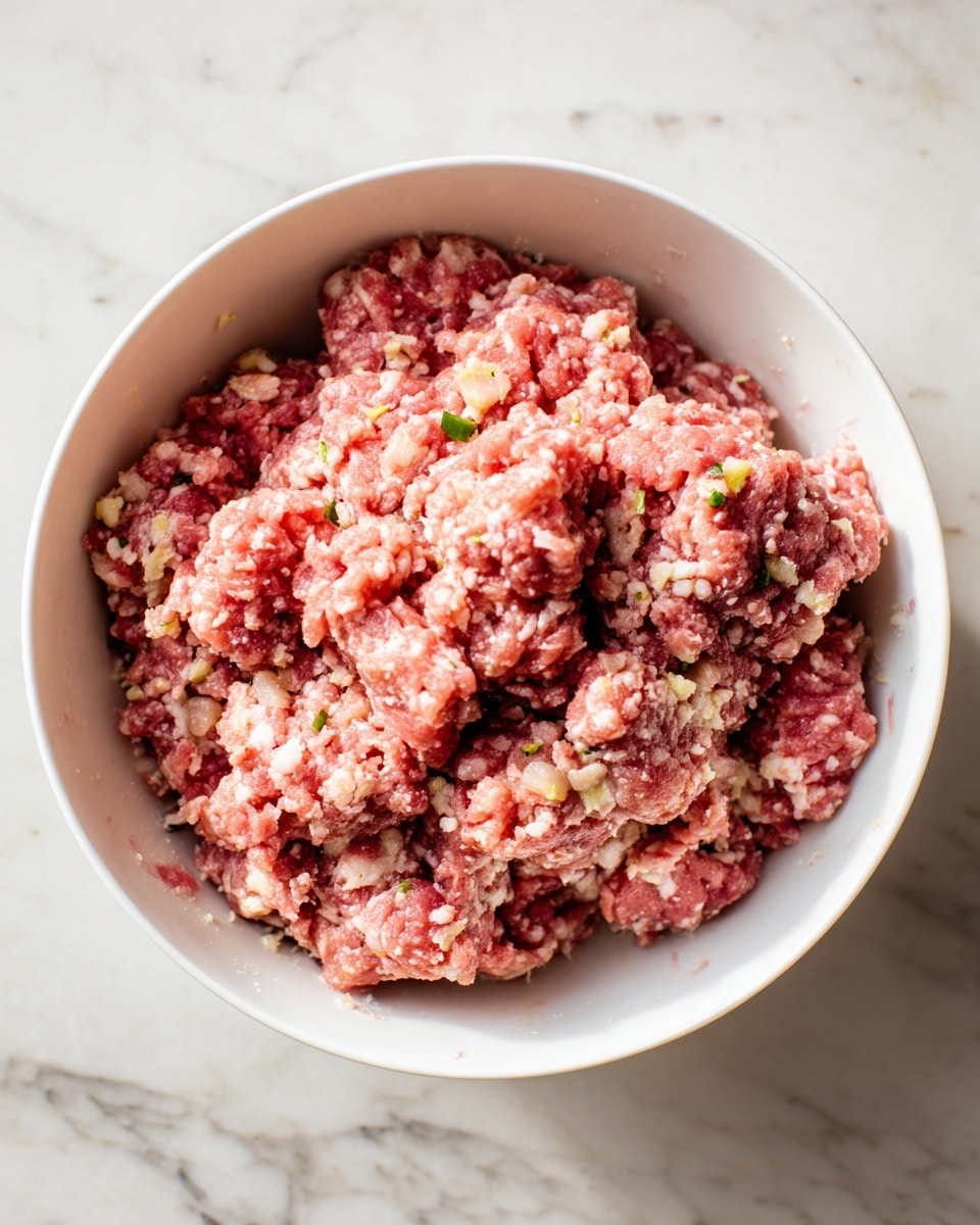A close-up view of a single layer of mixed raw ground meat with small chunks of a lighter color evenly spread throughout, placed inside a white bowl, the meat showing a mix of pinkish red and bits of white and yellow, with a soft, uneven texture. The bowl is resting on a white marbled surface photo taken with an iphone --ar 4:5 --v 7