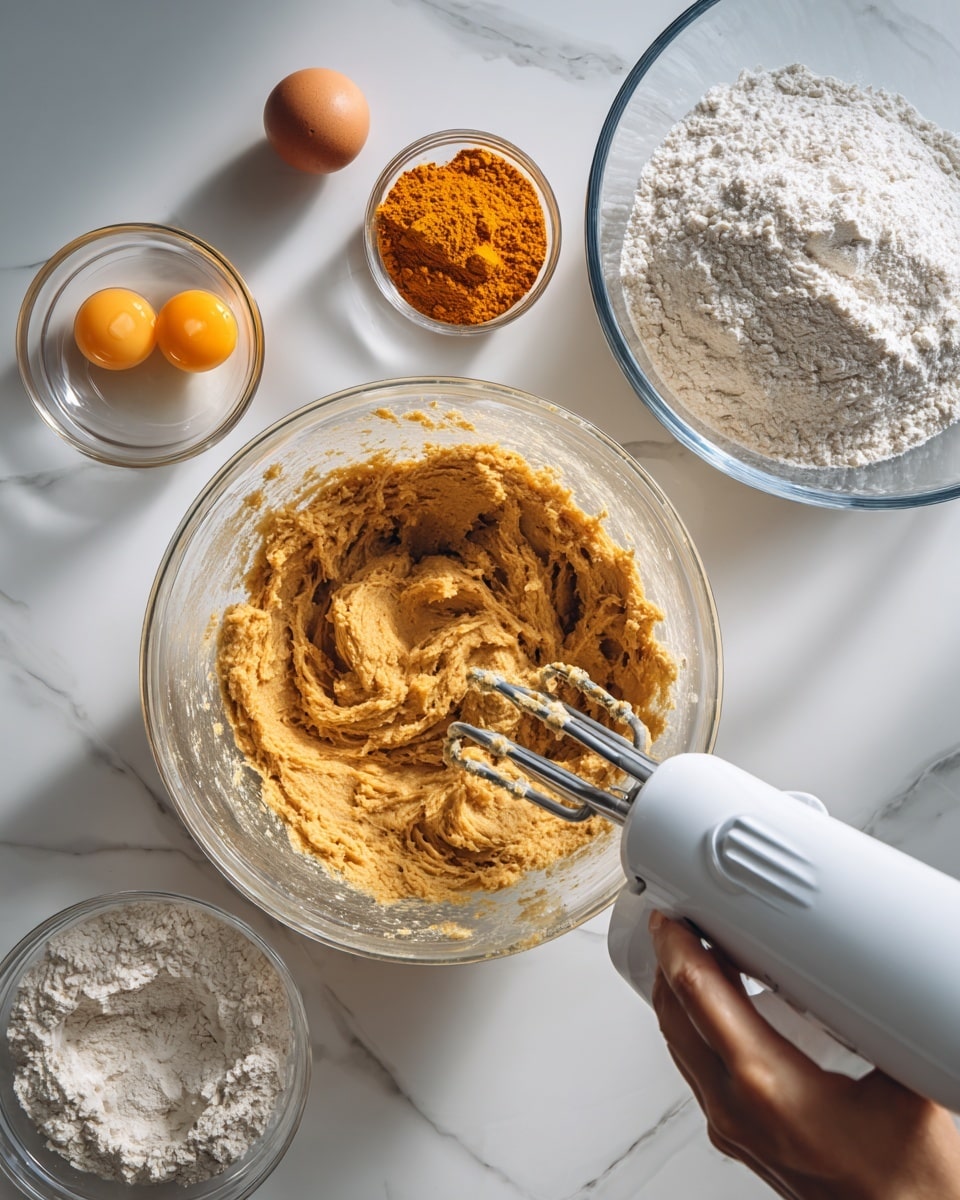 A clear glass bowl sits on a white marbled surface, filled with light brown dough being mixed by a white hand mixer with metal beaters. To the upper left of the bowl, there are two broken eggs in a small clear bowl and a measuring cup filled with bright orange powder. To the upper right, there is a clear bowl filled with white flour. A woman's hand holds the mixer from the left side of the frame. The scene is brightly lit and clean photo taken with an iphone --ar 4:5 --v 7