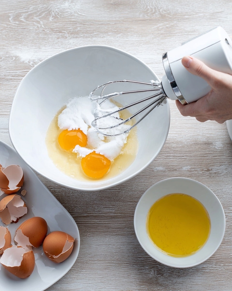 A woman's hand is holding a white electric mixer with metal beaters inside a large white bowl. Inside the bowl, there are three egg yolks with white sugar on top, ready to be mixed. Next to this bowl, there is a smaller white bowl filled with yellow liquid, likely melted butter or oil. On the left side, there is a white plate with several brown eggshells broken and arranged on it. The scene is set on a white marbled surface. photo taken with an iphone --ar 4:5 --v 7