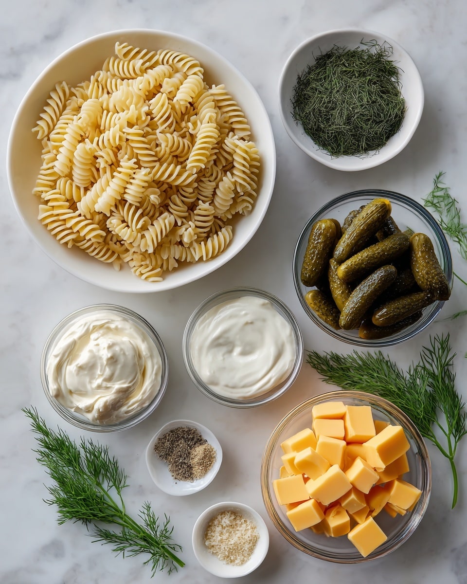 A top-down view of cooking ingredients arranged on a white marbled surface. At the top left is a large white bowl filled with plain, spiraled rotini pasta in a light yellow color. To the right, a small white bowl holds dried dill, dark green and finely chopped. Below, there is a clear glass bowl with four whole dark green dill pickles. To the left, a small white bowl shows creamy mayonnaise with a light beige color, and next to it, a similar bowl contains thick white sour cream with a smooth texture. Further down to the right, a clear glass bowl is filled with yellow-orange cheddar cheese cubes. In between these main bowls, small white dishes contain ground black pepper, light beige onion powder, and dark green parsley flakes. Fresh dill sprigs add a touch of green color placed near the edges. Photo taken with an iphone --ar 4:5 --v 7
