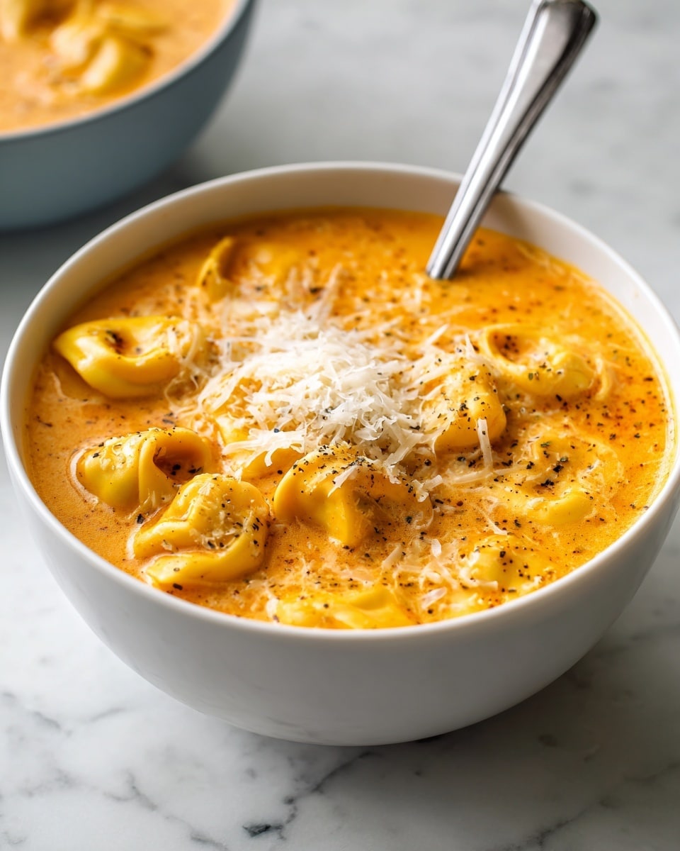 A white bowl filled with creamy orange-colored soup that has small tortellini pasta floating throughout. On top of the soup, there is a small mound of finely shredded white cheese. A shiny silver spoon is placed inside the bowl, leaning on the edge. The bowl rests on a white marbled surface with part of another blue bowl blurred in the background. The lighting is soft, making the soup look warm and inviting photo taken with an iphone --ar 4:5 --v 7