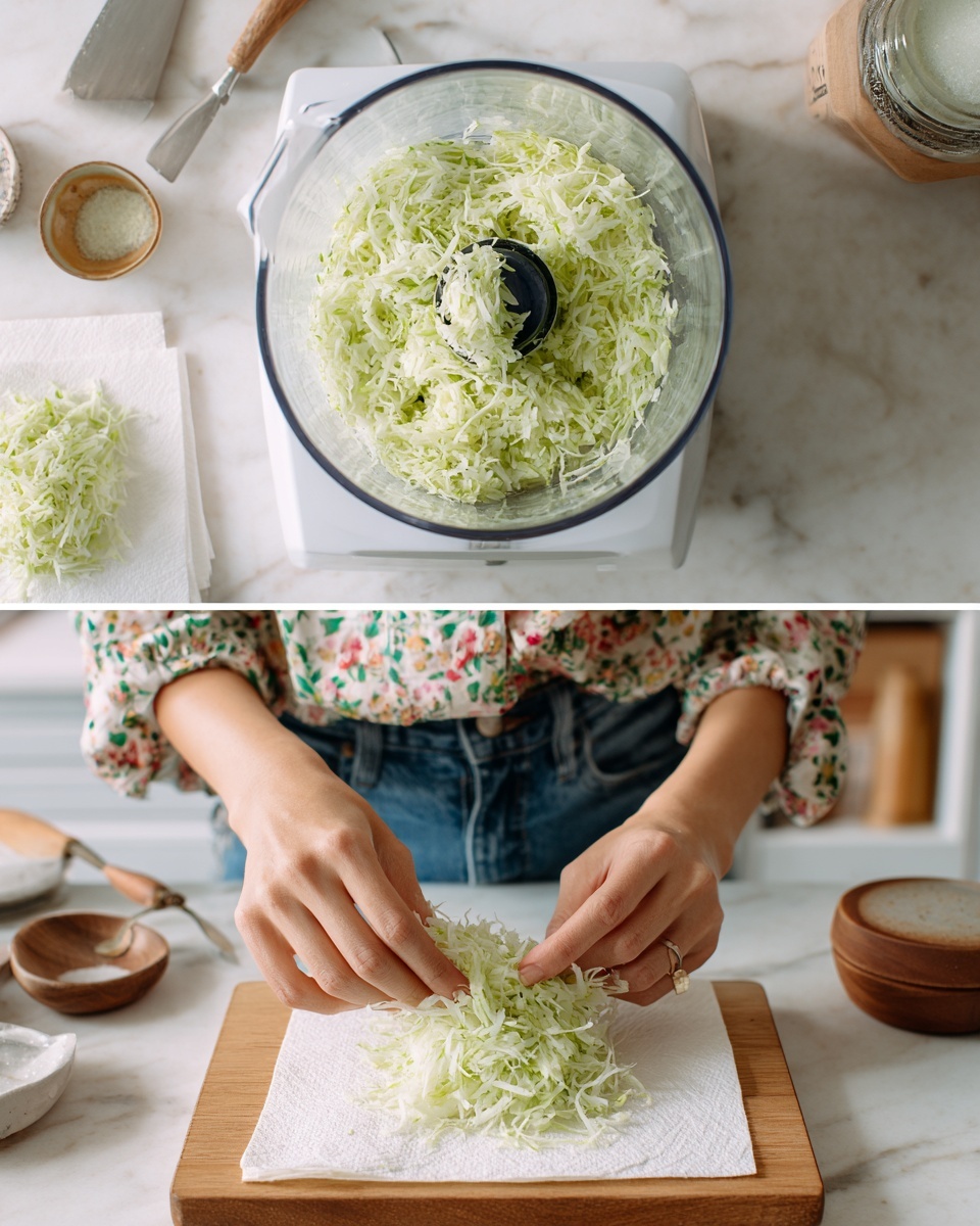 In the first image, there is a close-up view from above of a food processor bowl with finely grated pale green vegetable inside, with a woman’s hand holding a spoon scooping some of the grated vegetable against a white marbled surface. In the second image, a woman wearing a floral shirt and jeans presses down on a white paper towel covering the grated pale green vegetable on a light wooden board, with kitchen tools and small bowls placed on a white marbled countertop in the background. Photo taken with an iphone --ar 4:5 --v 7