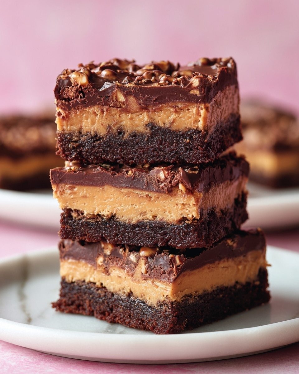 The image shows a close-up side view of a three-layered dessert bar on a white marbled surface. The bottom layer is a dark brown, rich and moist chocolate brownie with a soft texture. The middle layer is thick, smooth, and creamy peanut butter, light orange in color and evenly spread above the brownie. The top layer is a shiny, textured dark chocolate coating with small bumps and a slightly uneven surface. The edges where layers meet are clearly visible, highlighting the contrast between the dark chocolate, peanut butter, and brownie layers. Photo taken with an iphone --ar 4:5 --v 7