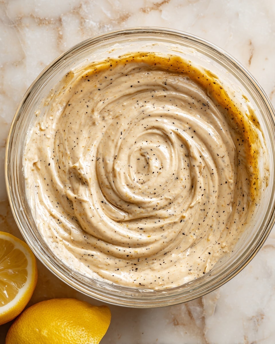 A clear glass bowl sits on a white marbled surface, filled with a creamy mixture that has a thick, smooth texture. The mixture is light beige in color with many small black specks spread evenly throughout. The bowl is full nearly to the top, showing swirled patterns in the creamy mixture. In the lower-left corner, there are two bright yellow lemon halves partly visible. The photo is taken from above, showing the whole bowl and part of the surrounding area. photo taken with an iphone --ar 4:5 --v 7