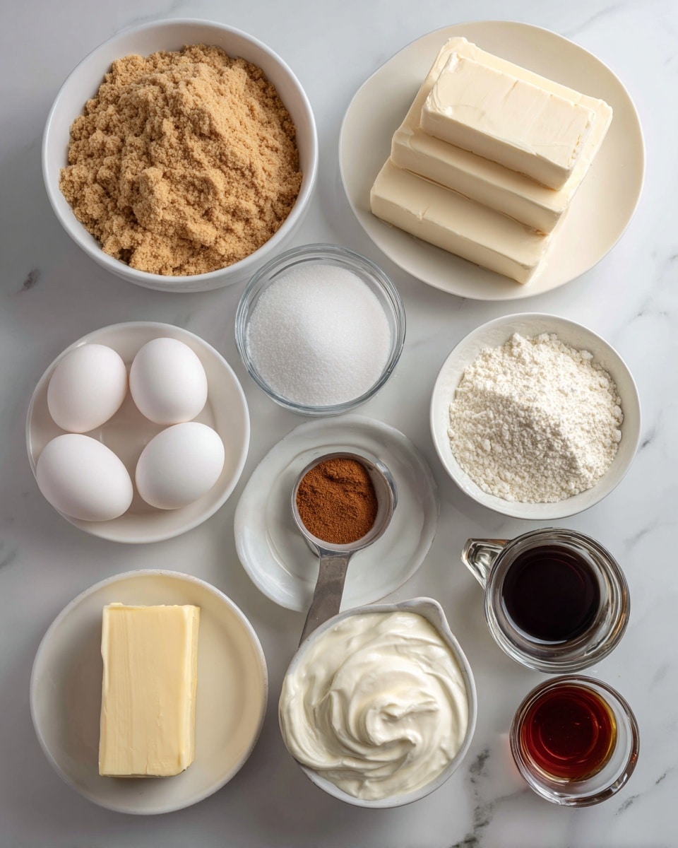 The image shows a collection of white bowls and plates arranged on a white marbled surface, each holding an ingredient for baking. Starting from the top left, there is a white bowl filled with light brown graham cracker crumbs, next to it on the right is a white plate stacked with several blocks of cream cheese, which are smooth and pale. Below the crackers, there is a small metal cup containing reddish-brown ground cinnamon, and near it a white bowl with fine white granulated sugar. To the right, there is a metal measuring cup filled with thick, smooth sour cream. Below, a white plate holds a solid square of yellow unsalted butter. Moving down to the left, a small glass with heavy whipping cream that looks smooth and glossy, and near it a metal cup with coarse brown sugar, rich and slightly clumpy. There are three whole white eggs placed close by, and next to them is a metal container holding white powdered sugar, which appears fine and soft. Finally, on the bottom right, there is a small glass cup with dark amber-colored vanilla extract. Each container is neatly spaced and clearly shows the color and texture of the ingredients. Photo taken with an iphone --ar 4:5 --v 7