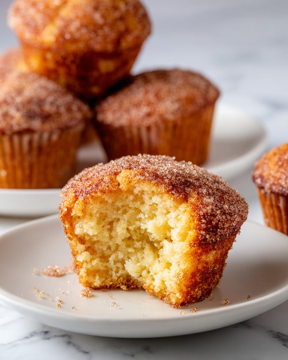 A close-up view of a small, soft muffin with one bite taken out, showing a light yellow, fluffy inside with a slightly crumbly texture. The outer layer is golden brown and coated with a sparkling sugar and cinnamon mix, giving a rough, textured look. Behind it, there are three whole muffins with the same sugar and cinnamon coating, slightly blurred, all placed on a white plate set on a white marbled surface. photo taken with an iphone --ar 4:5 --v 7