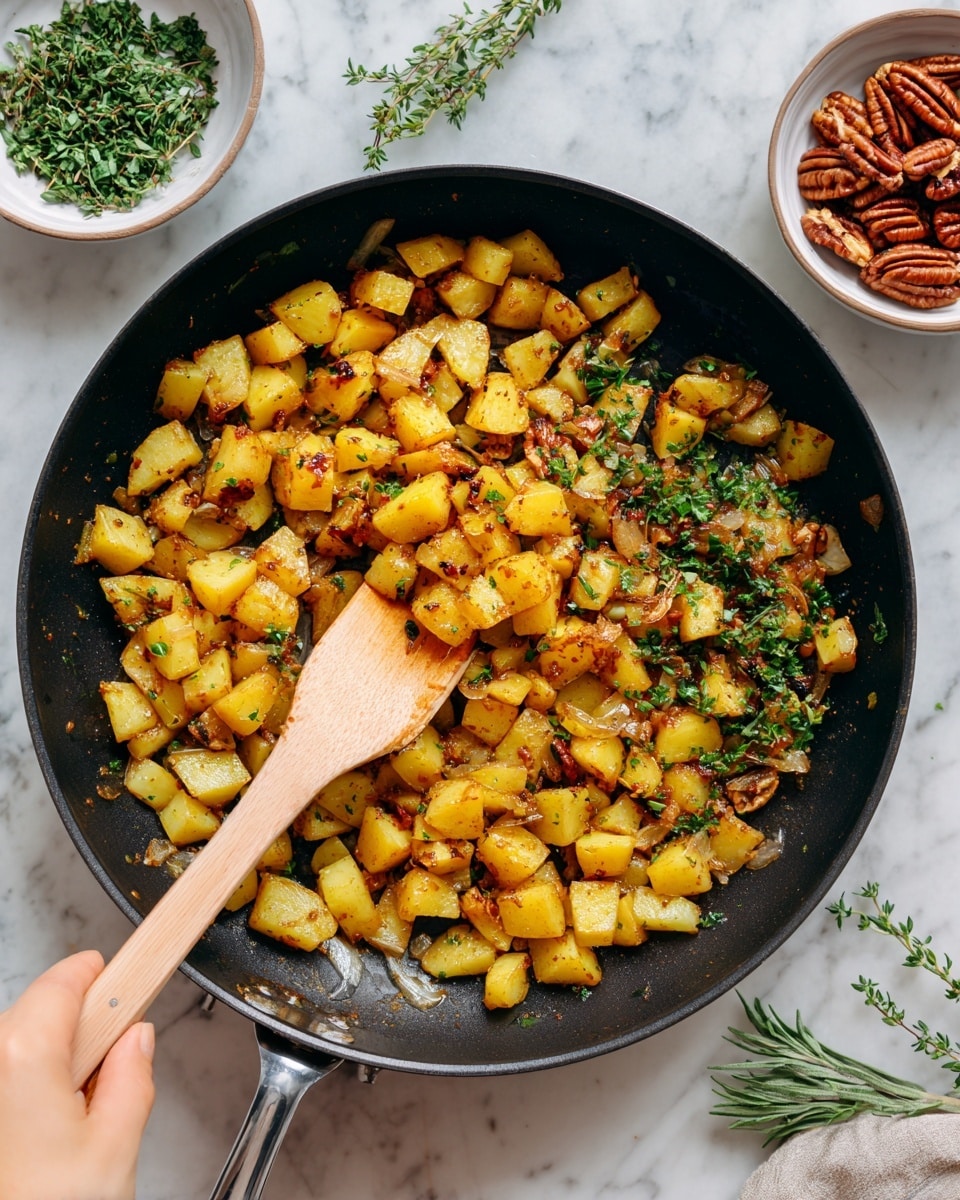 A black pan sits on a white marbled surface filled with cooked diced yellow potatoes , mixed with finely chopped green herbs on two sides of the pan. A woman's hand holds a light wooden spatula stroking the ingredients, showing their mix of soft and slightly crispy textures with a shiny, oily sheen. In the background, a small white bowl of fresh green thyme and another white bowl filled with pecans are slightly blurred. Photo taken with an iphone --ar 4:5 --v 7