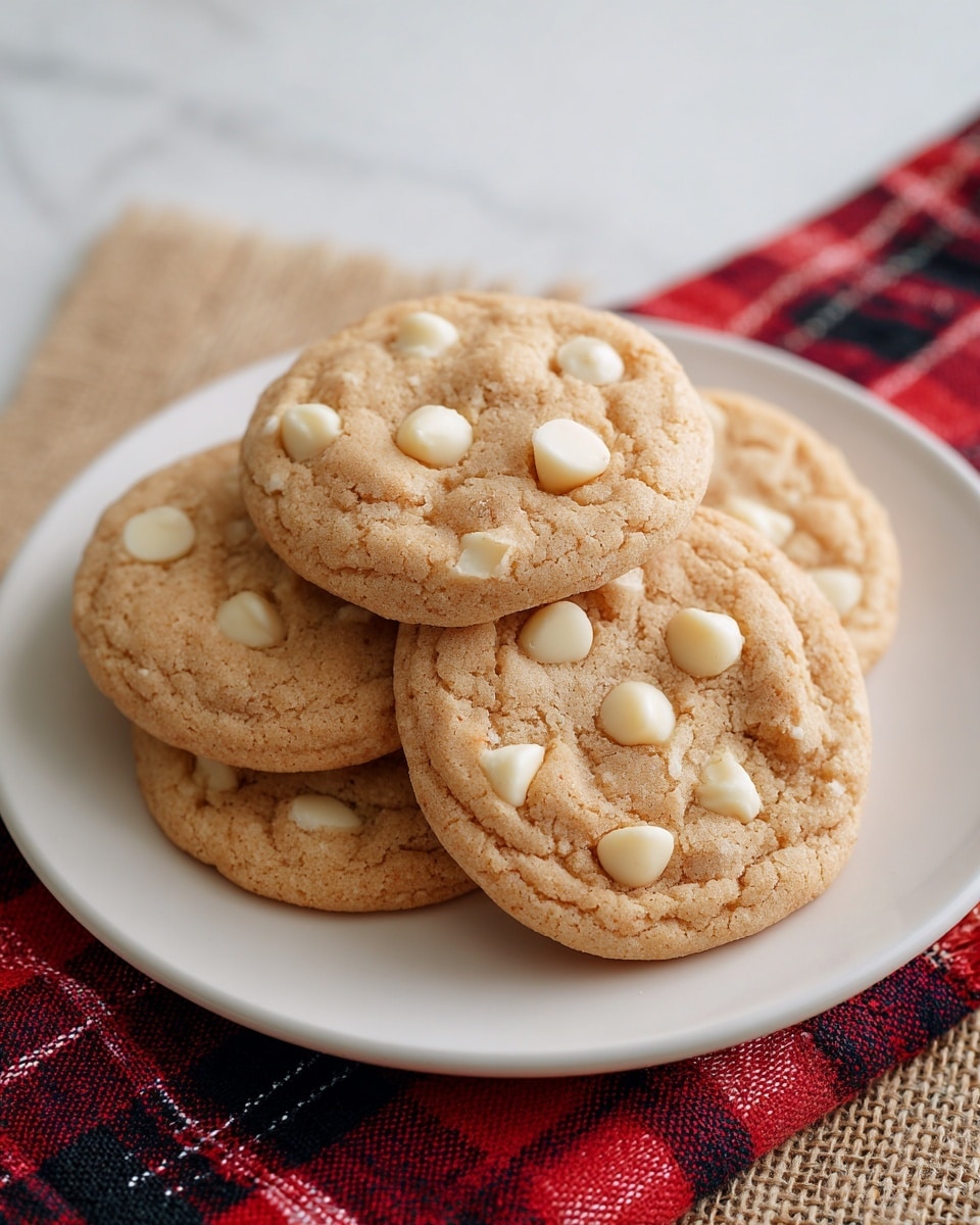 A white plate holds four soft, round cookies stacked closely, each cookie light brown with a slightly cracked surface and studded with several large white chocolate chips. The cookies have a rough texture with visible bumps and small crevices, and the white chocolate chips are unevenly scattered, some partially melted into the dough. The plate sits on a coarse beige burlap cloth and a red and black checkered fabric below it, all set on a white marbled background. Photo taken with an iphone --ar 4:5 --v 7
