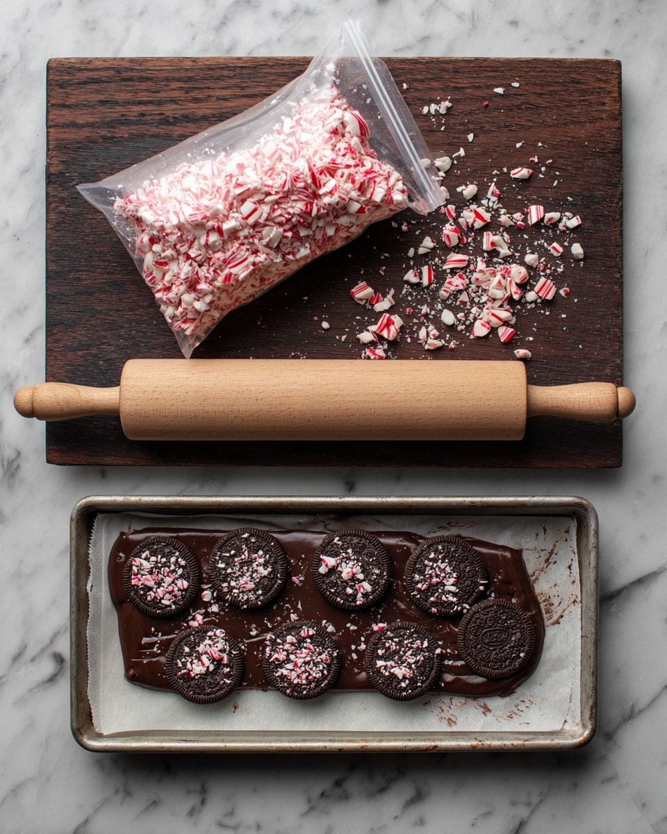 The image shows two parts: the top part has a clear zip-lock bag filled with crushed red and white peppermint candy pieces lying on a dark wooden surface with a wooden rolling pin on the left side. The bottom part shows a rectangular baking pan lined with white parchment paper and filled with a dark chocolate mixture. On top of the chocolate layer, there are scattered pieces of the crushed peppermint candy and four dark chocolate round cookies placed flat, evenly spaced. The pan edges have some smudges of chocolate. The background surface is a white marbled texture. photo taken with an iphone --ar 4:5 --v 7