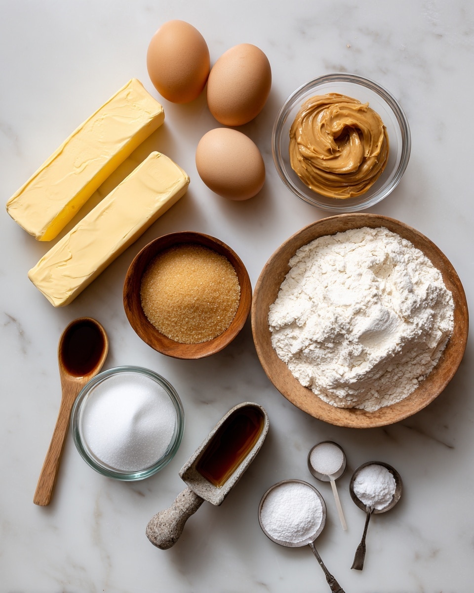 The image shows an overhead view of baking ingredients laid out on a white marbled surface. There are two sticks of yellow butter on the top left, two light brown eggs near the top center, and a small clear glass bowl with light brown peanut butter on the top right. Below the eggs, slightly to the right, is a round wooden bowl filled with white sugar. Below the butter, on the left, is a white spoon with dark vanilla extract and next to it is a rustic metal scoop holding light brown sugar. Slightly to the right and below the wooden sugar bowl is a clear glass measuring cup with white flour. To the right of the measuring cup are two small spoons, one metal and one wooden, each holding white powder, likely baking powder and baking soda. The arrangement is tidy and all items are spaced evenly. photo taken with an iphone --ar 4:5 --v 7