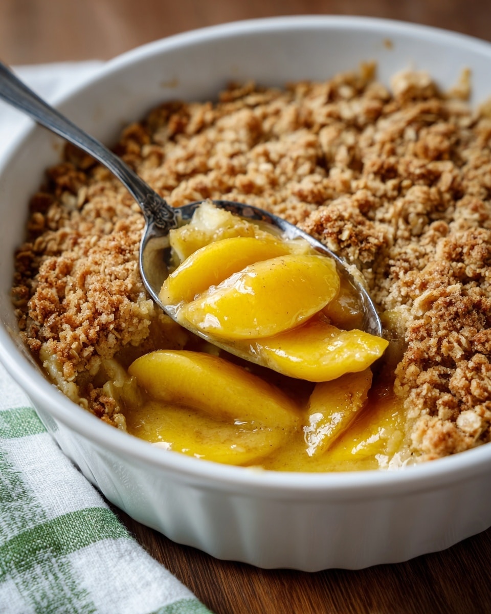 The image shows a white round dish filled with a two-layer baked dessert. The top layer is a golden brown crumbly oat crust with a rough and chunky texture, while underneath there is a juicy layer of soft, light yellow fruit slices submerged in a syrup. A large spoon inside the dish reveals the fruit layer and syrup, with one fruit slice partially lifted on the spoon. The dish is placed on a wooden surface with part of a green and white cloth visible near the bottom left corner. Photo taken with an iphone --ar 4:5 --v 7