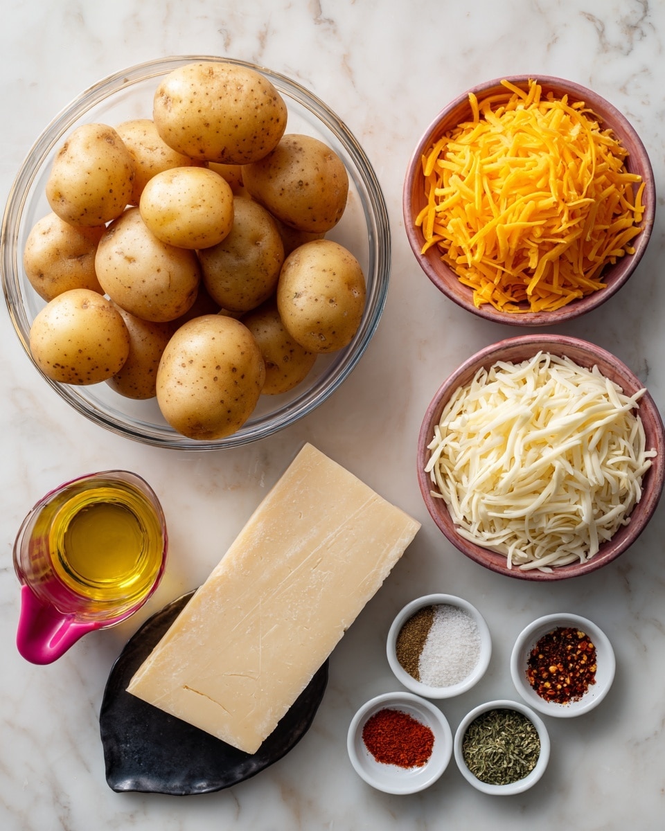 A clear bowl filled with light brown round potatoes sits at the top left on a white marbled surface. To the right, there are two small pink bowls, one on top filled with bright orange shredded cheddar cheese, and below it, white shredded mozzarella cheese. Below the potatoes, a wedge of pale yellow parmesan cheese rests on a dark small dish. At the bottom left, a pink measuring cup with a black handle holds golden olive oil. On the right side near the bottom, there is a small white bowl with several spices arranged in separate piles: black pepper, red chili flakes, white salt, green dried herbs, beige garlic powder, and red paprika. photo taken with an iphone --ar 4:5 --v 7