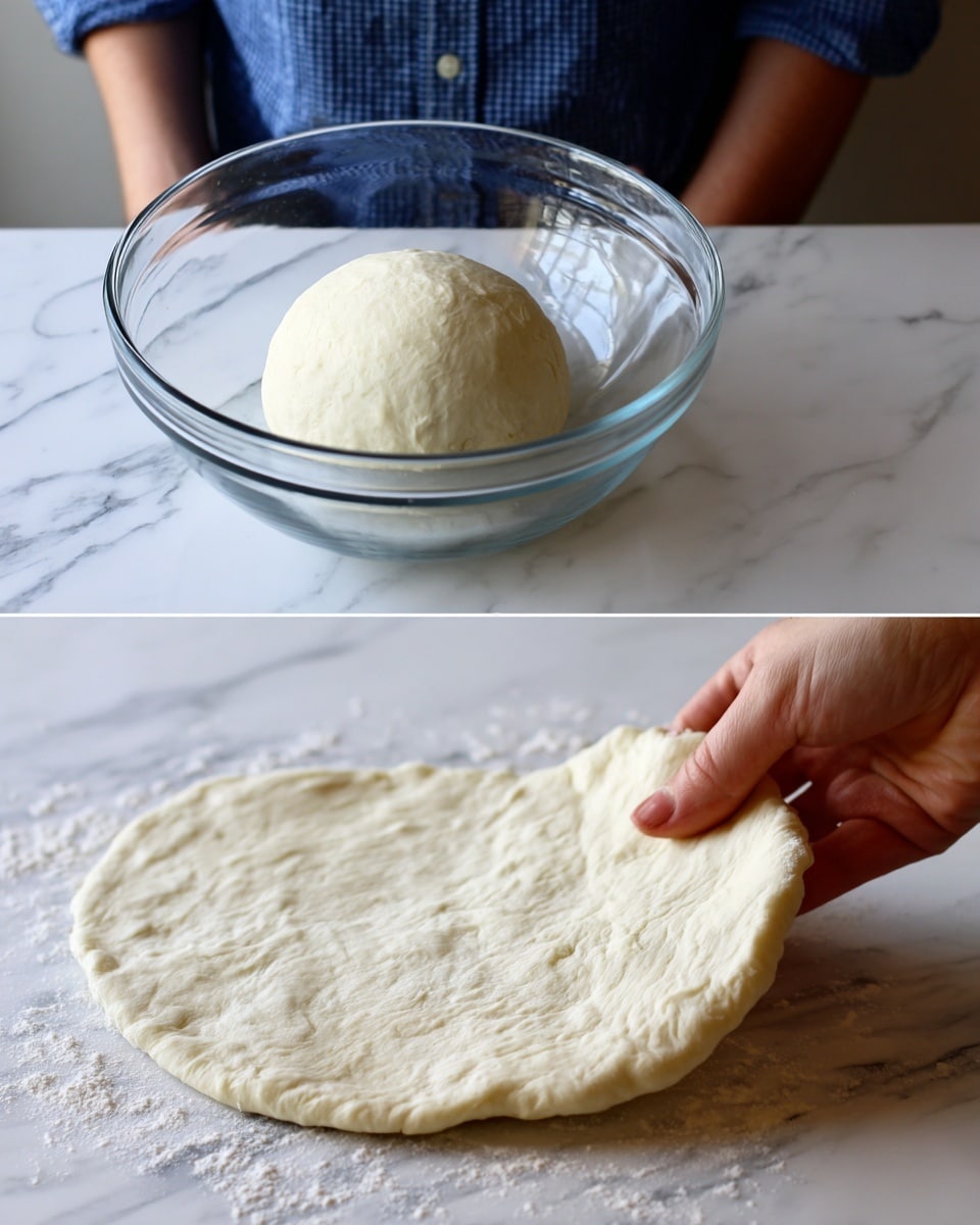 The image shows two parts: on the left, there is a clear glass bowl holding a smooth ball of white dough resting on a white marbled surface, with a person wearing a blue checkered shirt behind it; on the right, a woman's hand holds a flat, round piece of stretched dough, which is pale and smooth, positioned over the white marbled surface. The photo taken with an iphone --ar 4:5 --v 7