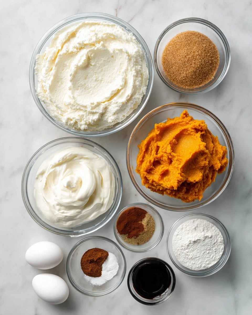 Several clear glass bowls are arranged in a neat layout on a white marbled surface, each holding different ingredients. The largest bowl at the top center contains a thick layer of white cream cheese with a smooth and dense texture. Below it and slightly to the left, a medium bowl is filled with light and dark brown sugars mixed together, giving a grainy texture. To the right of the sugars, a medium bowl holds bright orange pumpkin puree with a soft and slightly chunky texture. Beneath those bowls are smaller bowls; one contains white sour cream with a creamy, soft texture, another holds a white powder of cornstarch, and another has a mix of brown spices. There are also two white eggs placed at the bottom, alongside a small amount of dark vanilla extract in a tiny bowl. Labels in black font with white background identify each ingredient clearly. Photo taken with an iphone --ar 4:5 --v 7