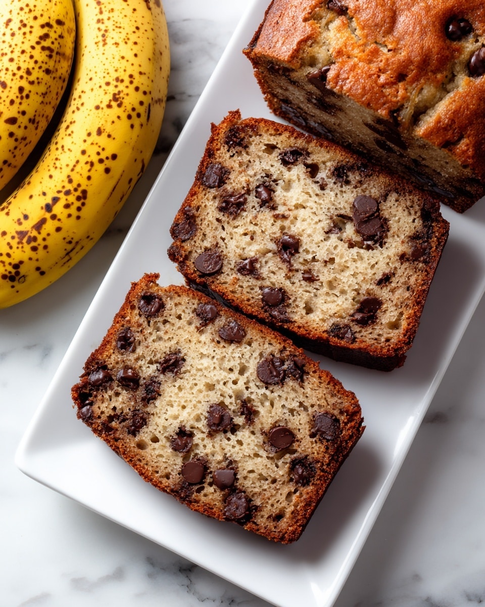 The image shows three slices of chocolate chip banana bread on a white rectangular plate placed on a white marbled surface. The two top slices reveal the inside, with a soft brown texture speckled with melted, dark chocolate chips evenly spread throughout. The bottom slice is whole with visible chocolate chips scattered on the golden-brown, slightly shiny crust. To the left of the plate, two ripe bananas with brown spots rest on the marble surface, adding a fresh and natural touch. Photo taken with an iphone --ar 4:5 --v 7