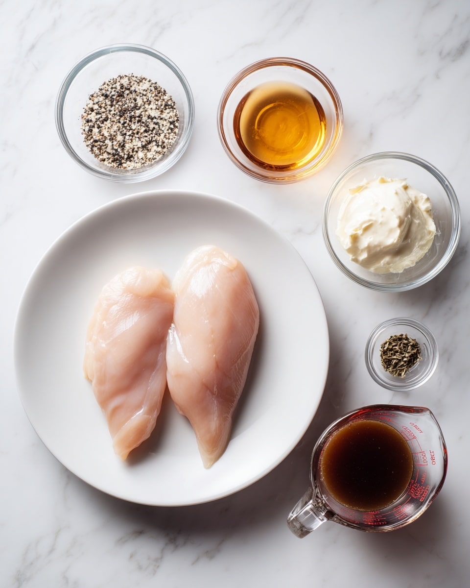 The image shows a white plate in the center with two raw pale pink chicken fillets placed side by side. Around the plate, five small clear glass bowls are arranged on a white marbled surface. At the top left, there’s a small bowl filled with coarse black and white salt and pepper mix. To the top right, a small bowl contains amber-colored brandy or cognac. On the bottom left, a small jug holds thick white cream. At the bottom right, a larger glass measuring cup contains dark brown beef stock or broth. Each ingredient is labeled with simple text above or beside the bowls. The scene is bright and clean. Photo taken with an iphone --ar 4:5 --v 7