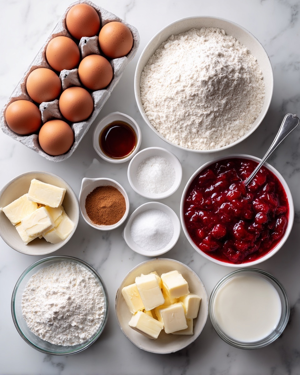 The image shows a flat lay of various baking ingredients on a white marbled surface. On the left, there is a white carton holding nine brown eggs. To the right of the eggs is a large white bowl filled with white flour. Below the bowl of flour is a small white dish with brown vanilla extract. Next to it on the right is a white bowl filled with bright red cherry pie filling with a spoon inside. Below these bowls, there is a small white dish with white baking powder, a clear glass bowl with ground cinnamon, a white bowl with cubed salted butter, a small white bowl of salt, and a clear container of white sugar. Toward the bottom right, a white bowl holds creamy milk. The arrangement is neat, with clear labels for each ingredient. Photo taken with an iphone --ar 4:5 --v 7