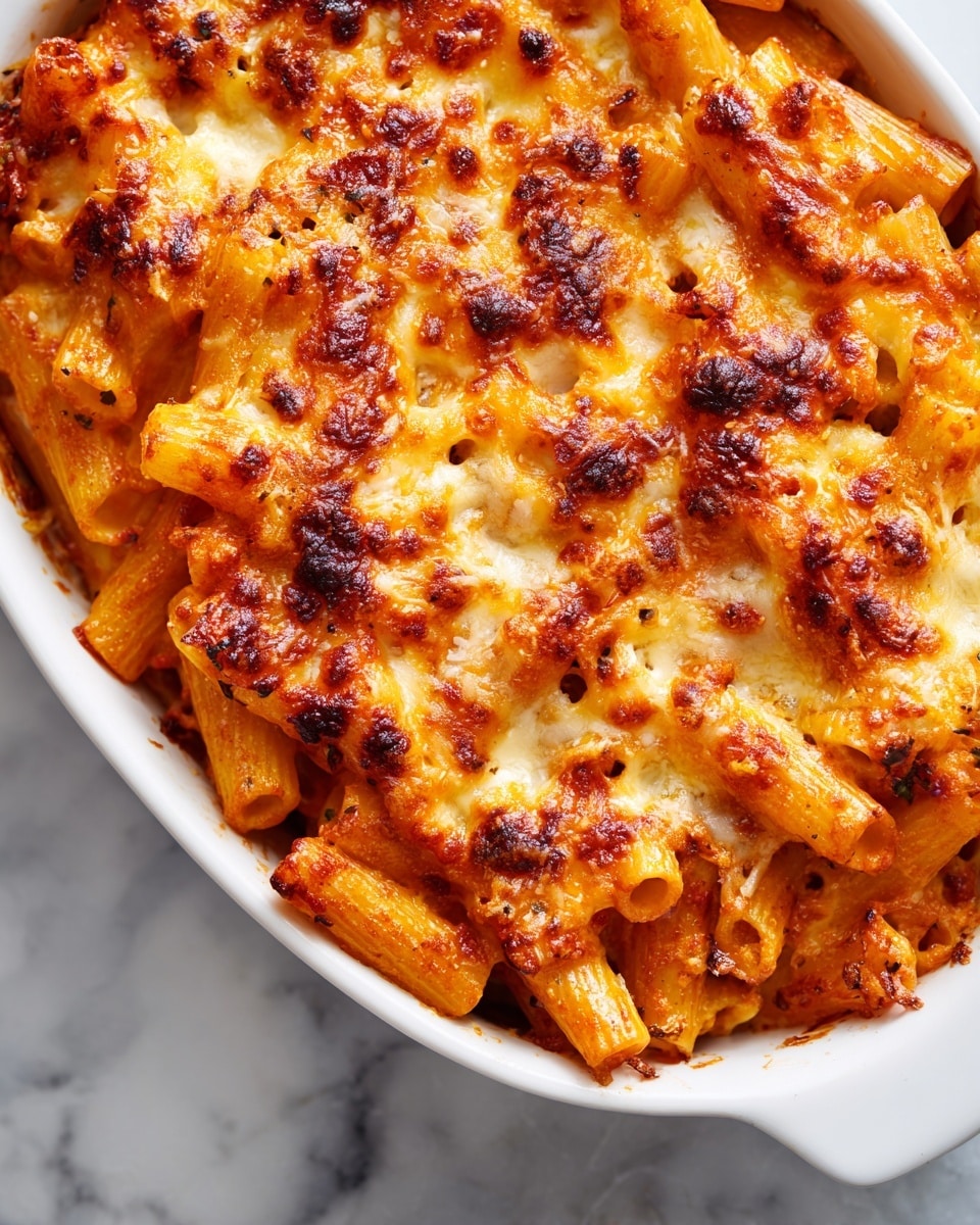 A close-up view of baked penne pasta in a white ceramic dish, showing one visible top layer with golden brown melted cheese that has a slightly crispy texture. The pasta underneath is tube-shaped, coated in a reddish-orange sauce that peeks through in some spots. The cheese appears bubbly and evenly covers the pasta layer with small browned spots throughout. The dish rests on a white marbled surface. Photo taken with an iphone --ar 4:5 --v 7