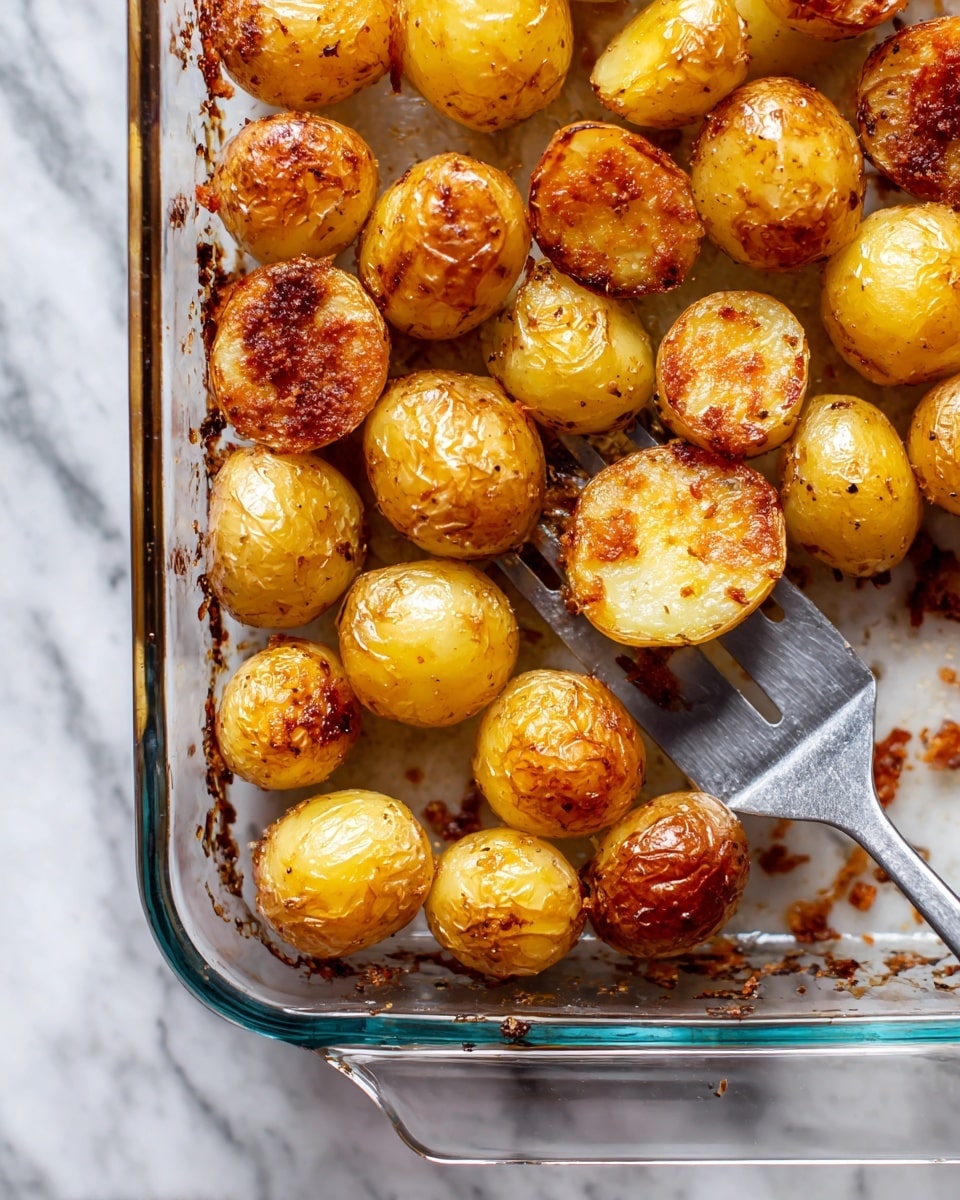 The image shows a glass baking dish with multiple small roasted potatoes. The potatoes are mainly whole, golden brown, and smooth with a shiny texture on the lower left side of the dish. Toward the upper right side, several potatoes are cut in half, showing a crispy, browned, and rough textured flat surface on top. Small crispy bits and crumbs are scattered around the potatoes inside the dish. A metal spatula is lifting some of the halved potatoes on the right side of the dish. The background surface is white marbled. Photo taken with an iphone --ar 4:5 --v 7