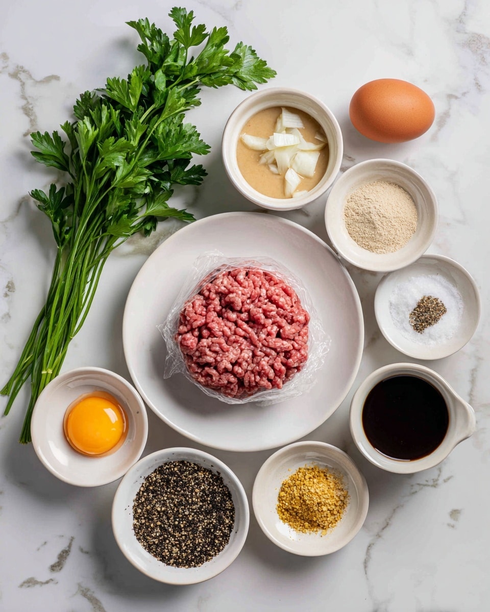 A pack of raw pink ground beef sits wrapped in plastic on a white plate, surrounded by small white bowls containing dry beige bread crumbs, light gray gravy mix, small bits of beige onion soup mix, thick creamy beige mushroom soup with chunks, dark brown Worcestershire sauce in a small bowl, and a white bowl with a mix of black and yellow Montreal steak seasoning. An orange egg lies beside the bowls, and fresh green parsley with leafy stems rests at the top against a white marbled surface. photo taken with an iphone --ar 4:5 --v 7