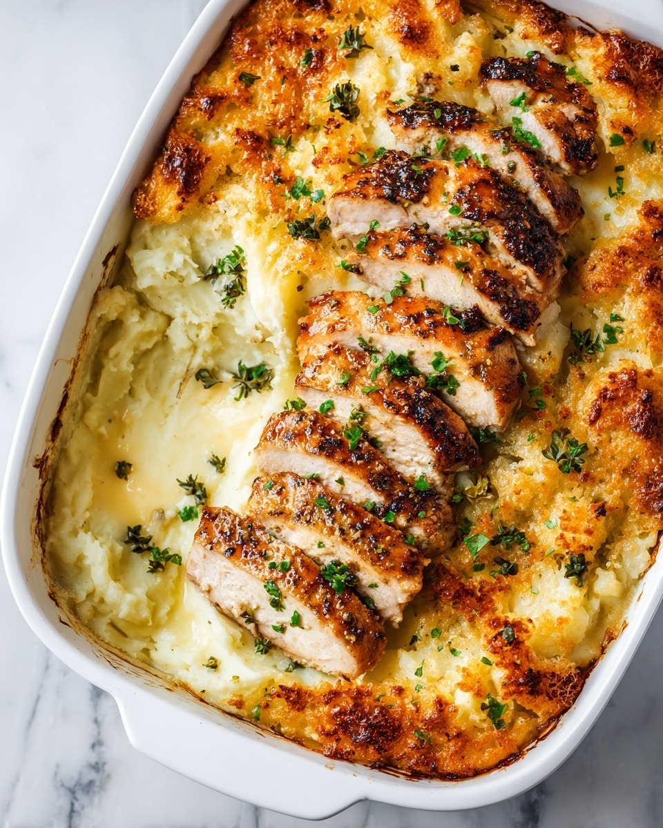 The image shows a white baking dish filled with a layer of creamy mashed potatoes topped with golden brown breadcrumbs and melted cheese, creating a textured, slightly crispy surface. On top, there are several slices of seasoned, grilled chicken with a light brown color and visible grill marks, arranged close together. Small green herb pieces are sprinkled over the chicken and potatoes, adding a fresh pop of color. The dish is set on a white marbled surface. photo taken with an iphone --ar 4:5 --v 7