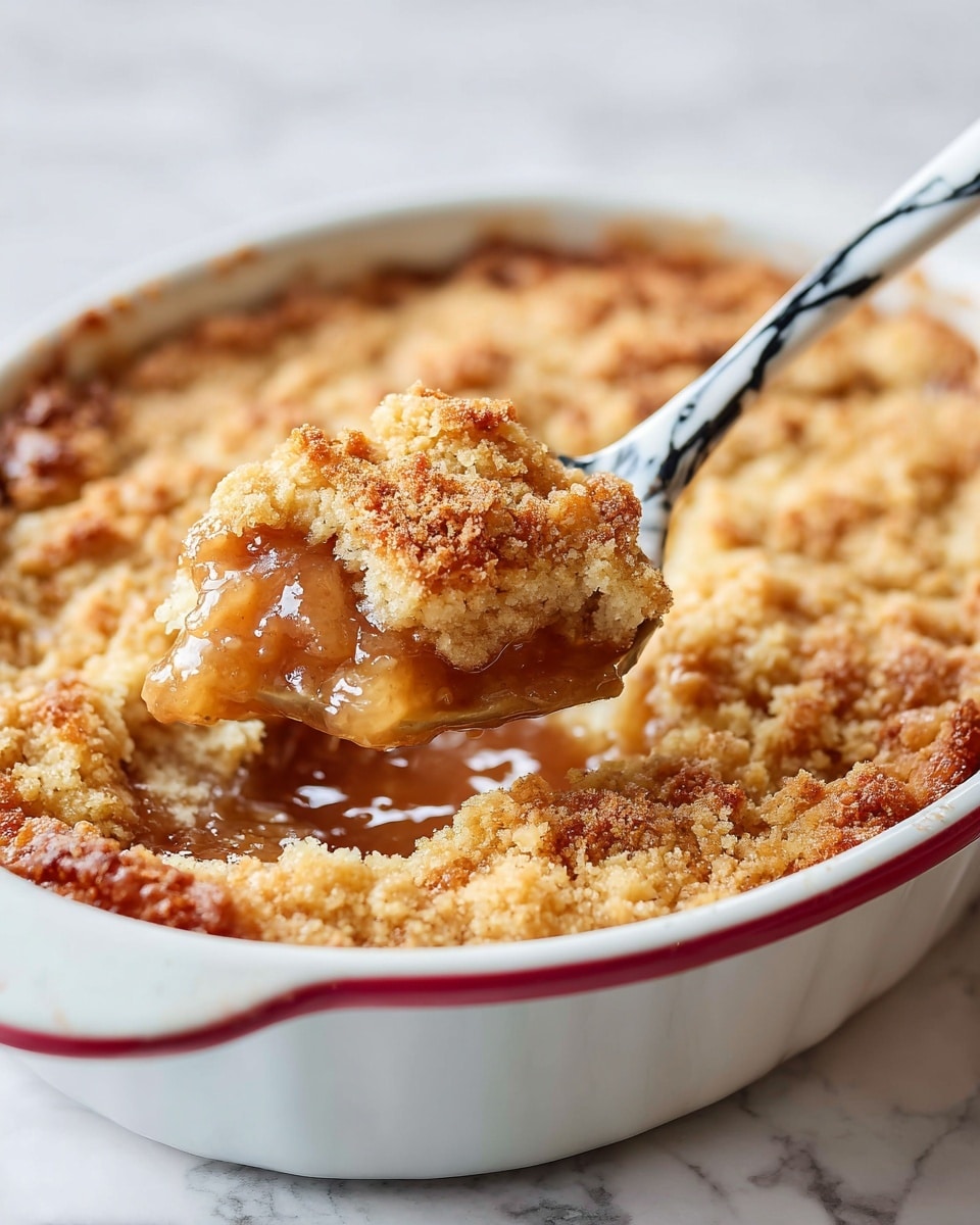 The image shows a close-up of a golden-brown baked dessert with a crumbly crust on top, inside a white baking dish with a red rim. The top layer is rough and crunchy with uneven, cracked textures exposing a thick, gooey, light brown filling beneath, which looks soft and sticky. A white scoop with black marbled patterns is lifting a portion of the dessert, showing the contrast between the crunchy crust and the moist middle layer. The dish sits on a white marbled surface. photo taken with an iphone --ar 4:5 --v 7