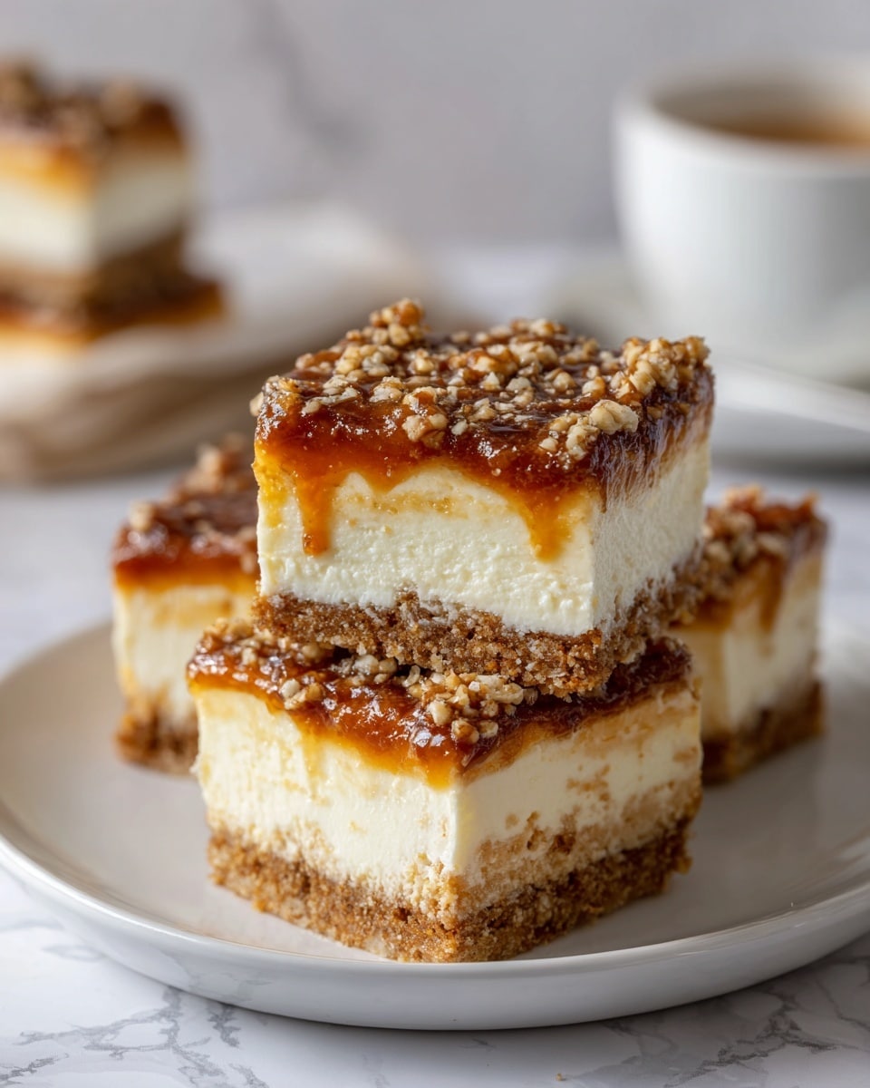 A close-up view of stacked square cheesecake bars on a white plate, each bar showing three visible layers: a bottom layer of golden brown crumbly crust, a middle thick creamy white cheesecake layer, and a top layer covered with a sticky caramel-like glaze combined with small chopped brown nuts, adding rough texture and shine. The plate rests on a white marbled surface with soft lighting enhancing the smooth cream and nut crunch, while a blurred white cup and saucer are in the background. Photo taken with an iphone --ar 4:5 --v 7