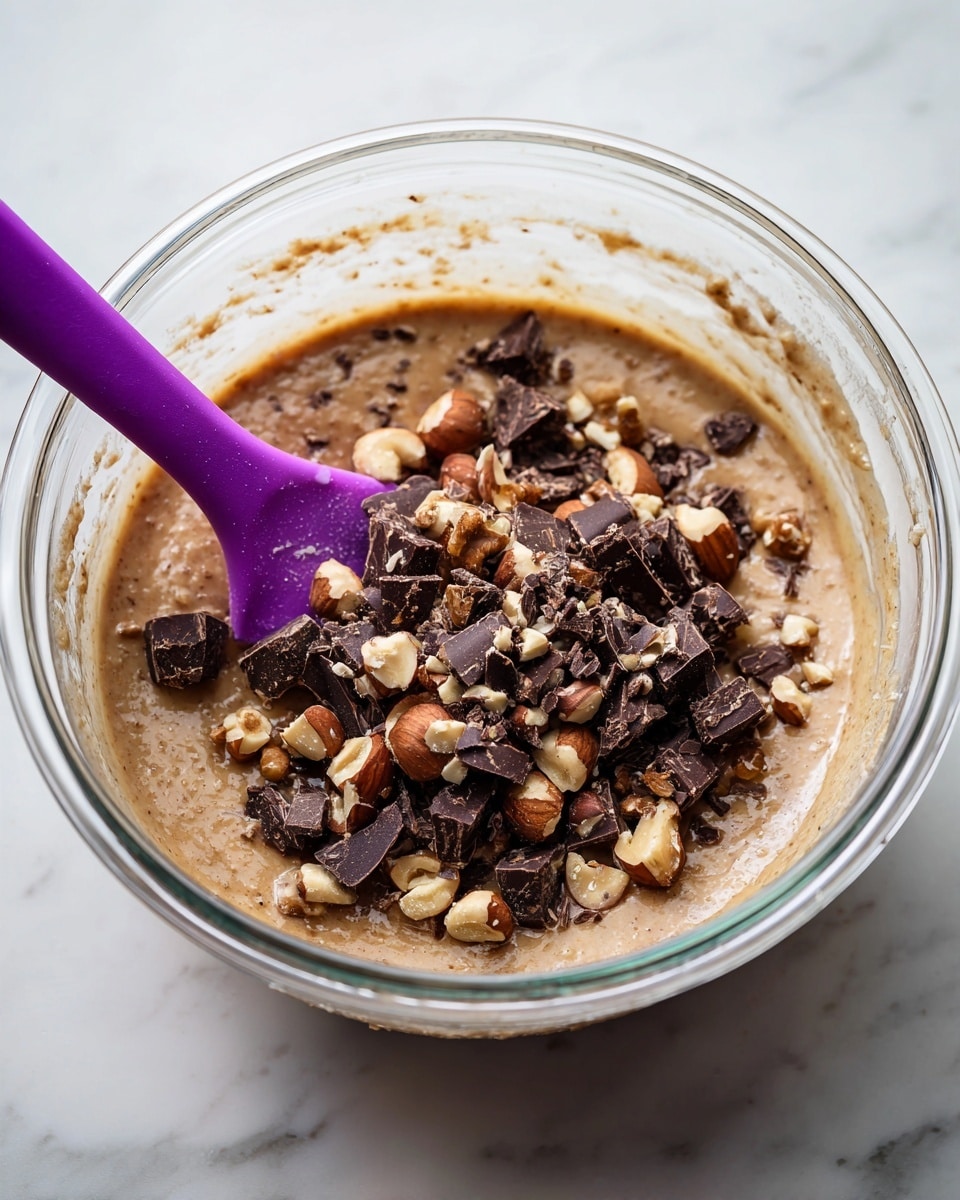 A clear glass bowl sits on a white marbled surface, filled mostly with a light brown, smooth batter. On top of the batter is a heap of dark brown chocolate chunks mixed with pieces of hazelnuts, showing a mix of shiny and matte textures. A purple spatula is partially submerged in the batter on the left side, slightly leaning into the chocolate and nut mixture. The background and bowl edge have small traces of batter, adding a natural feel to the scene. photo taken with an iphone --ar 4:5 --v 7