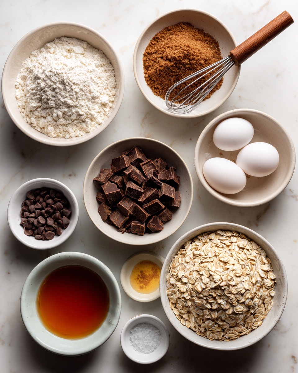 Several white bowls are arranged on a white marbled surface, each containing different baking ingredients. The largest bowl at the bottom right is filled with rolled oats, showing their light tan color and rough texture. To the upper left of it is another large bowl holding flour with a small pile of cinnamon and a whisk with a wooden handle resting inside. Above and slightly right is a smaller white bowl heaped with brown sugar that looks coarse. In the center, a white bowl holds chopped dark chocolate pieces, dark brown and chunky. Below it is a bowl with a dark amber liquid, likely melted butter or syrup, with a shiny surface and bubbles. Near the top right, there is a pair of white eggs in a small bowl, next to another small bowl with coarse white salt and a small bottle of brown vanilla extract. Another bowl shows smooth, smaller chocolate chips, dark brown and round. Everything is lit warmly, and the scene is clean and organized, photo taken with an iphone --ar 4:5 --v 7