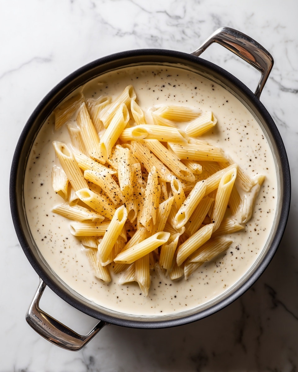 A black pan with silver handles sits on a white marbled surface, filled with creamy white sauce with small black specks and a few shiny oil spots. On top in the center, there is a pile of uncooked light yellow penne pasta, with hollow tubes slightly angled in different directions. The creamy sauce layer looks smooth and thick, surrounding pieces of pasta partially submerged. photo taken with an iphone --ar 4:5 --v 7