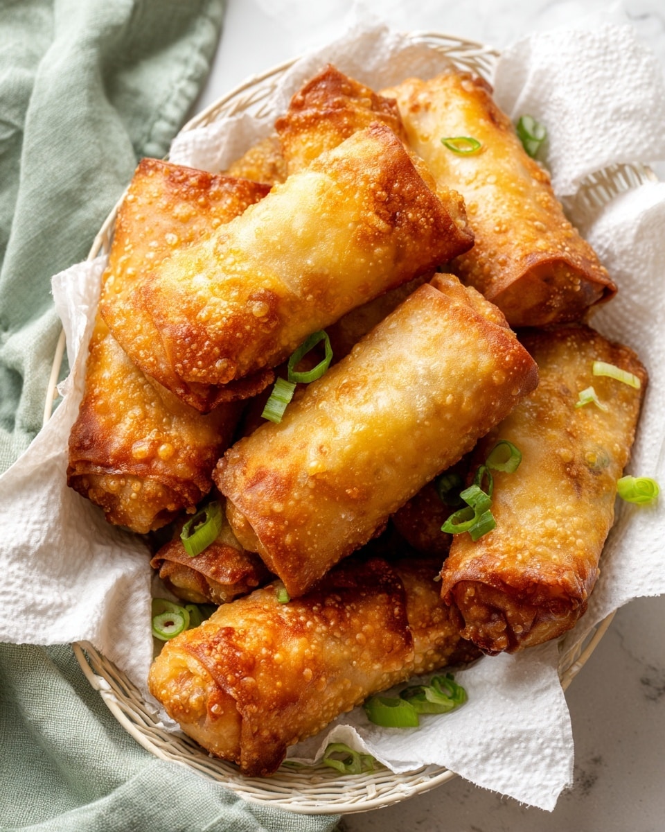 A white wire basket lined with white parchment paper holds a pile of golden brown fried egg rolls, arranged closely together showing their crisp, bubbly texture on each piece. Small pieces of chopped green onions are scattered over and around the egg rolls, adding a fresh green contrast. The basket sits on a white marbled surface, with a soft, light green cloth partially visible in the top left corner, creating a simple and clean setting. photo taken with an iphone --ar 4:5 --v 7