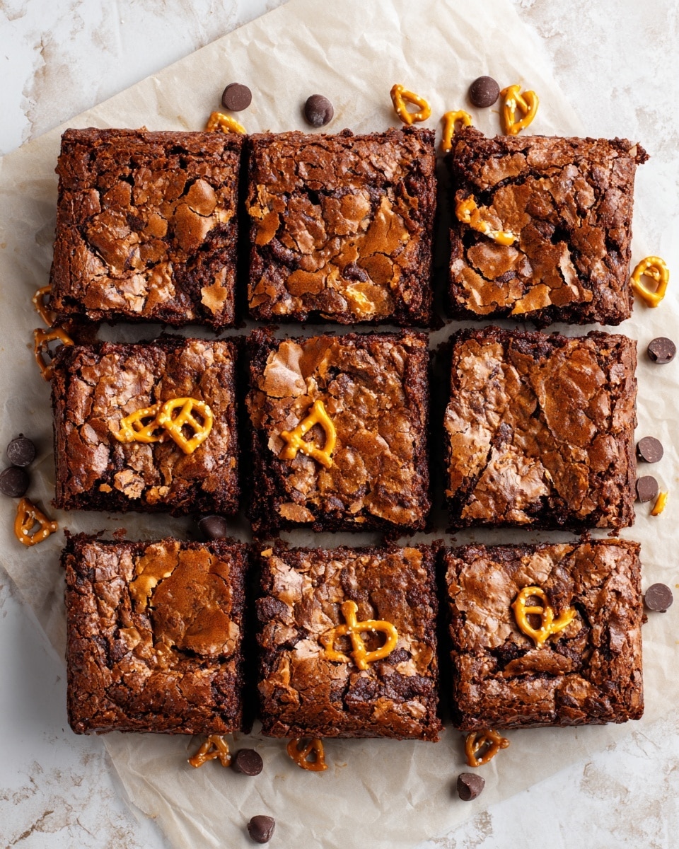 The image shows nine square brownies arranged in a 3x3 grid on parchment paper. Each brownie has a rough, cracked, and slightly crinkled top layer in a rich brown color with a dense texture. Around the brownies, there are scattered dark brown chocolate chips and small golden-brown pretzel pieces adding contrast and decoration. The whole setup is placed on a white marbled surface. photo taken with an iphone --ar 4:5 --v 7