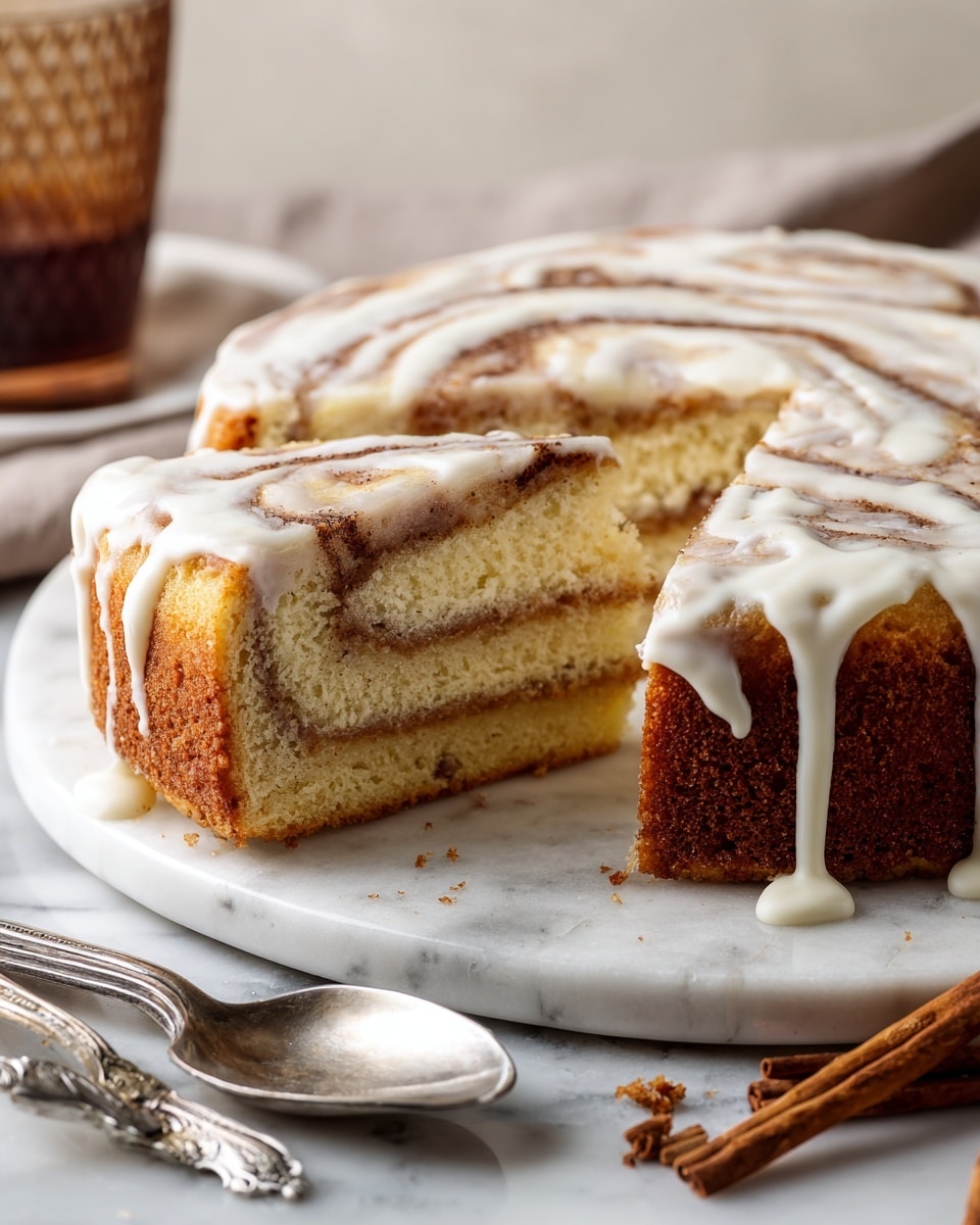 A white round cinnamon swirl cake with a soft, light brown and cream marbled pattern on top, cut into slices showing thick layers with visible cinnamon swirls inside. The cake has a drizzle of white icing on top, mostly over the darker cinnamon parts. The cake sits on a white marbled surface with two silver spoons and cinnamon sticks nearby for decoration. In the background, there is a brown textured glass partially visible. Photo taken with an iphone --ar 4:5 --v 7