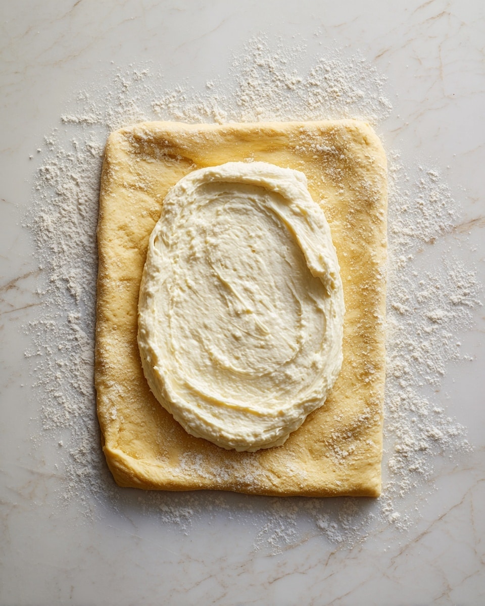 A rectangular piece of light golden dough is spread flat on a white marbled surface with some flour dusted on top. In the center of the dough, there is a thick, oval-shaped layer of smooth, creamy white cheese spread evenly. The dough edges remain empty, showing the contrast between the dough’s soft texture and the creamy filling in the middle. The scene is simple and clean with a soft natural light. Photo taken with an iphone --ar 4:5 --v 7
